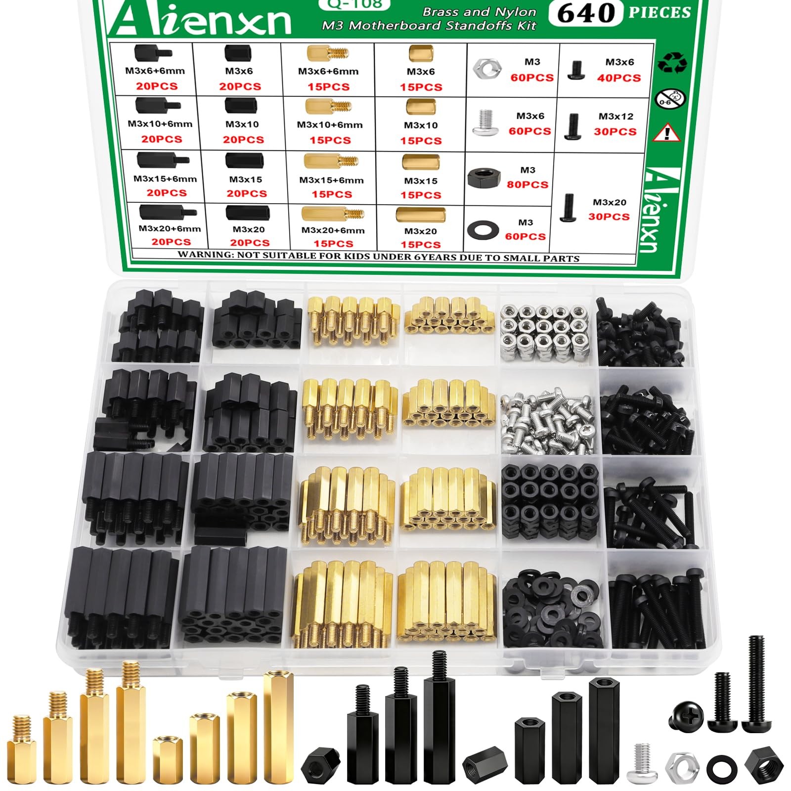 Aienxn 640PCS M3 Brass and Nylon Motherboard Standoffs 640PCS, Yellow & Black