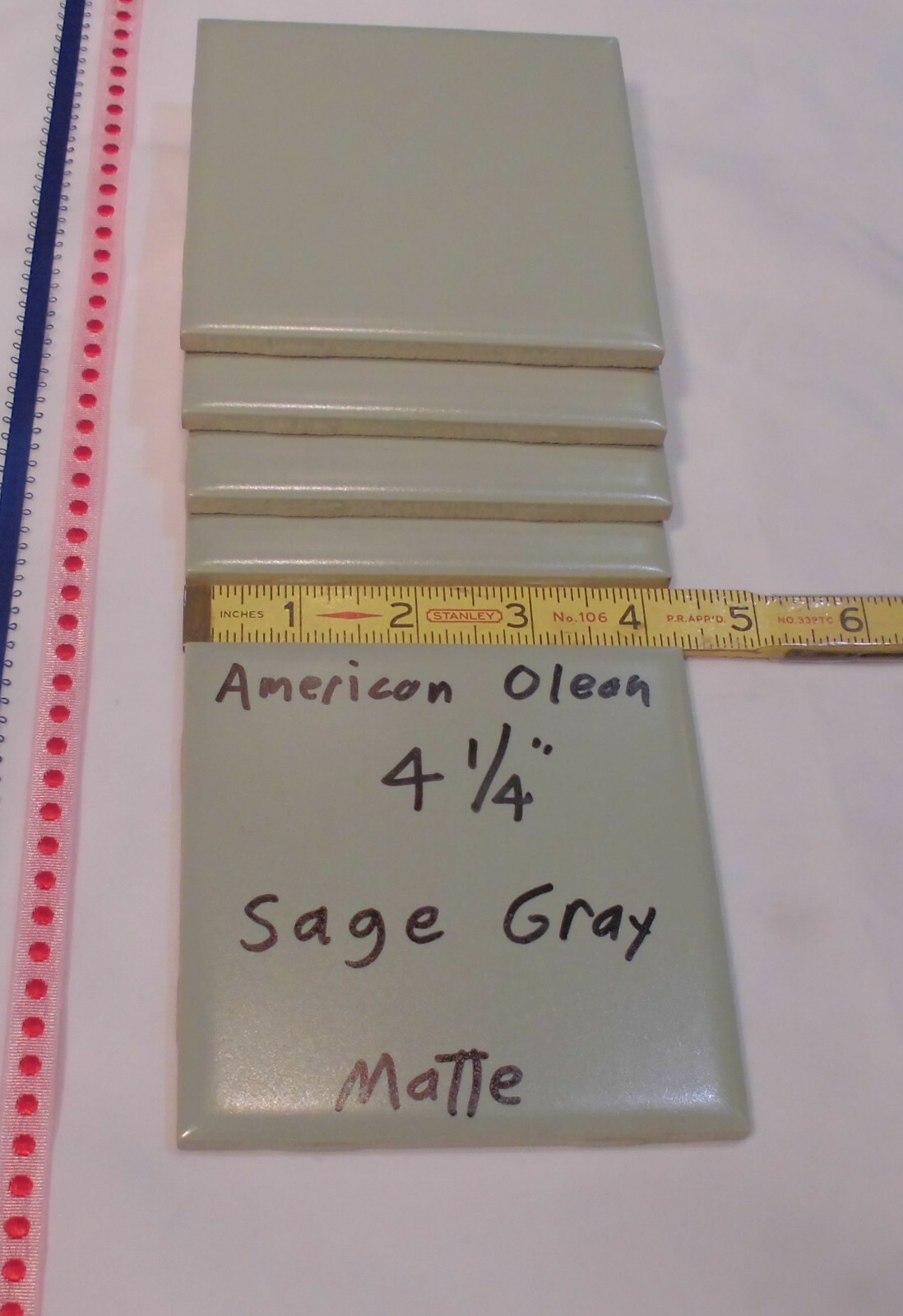 5 Ceramic Tiles *Sage Gray* by American Olean 4-1/4″ Greenest, Matte, NOS