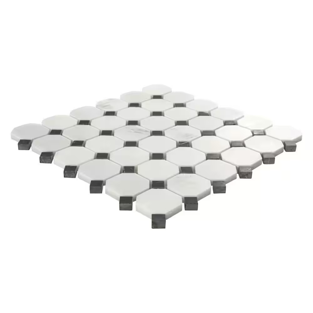 Greecian White 12X12X0.38 In. Honed Marble Octagon Mosaic White Marble and Black