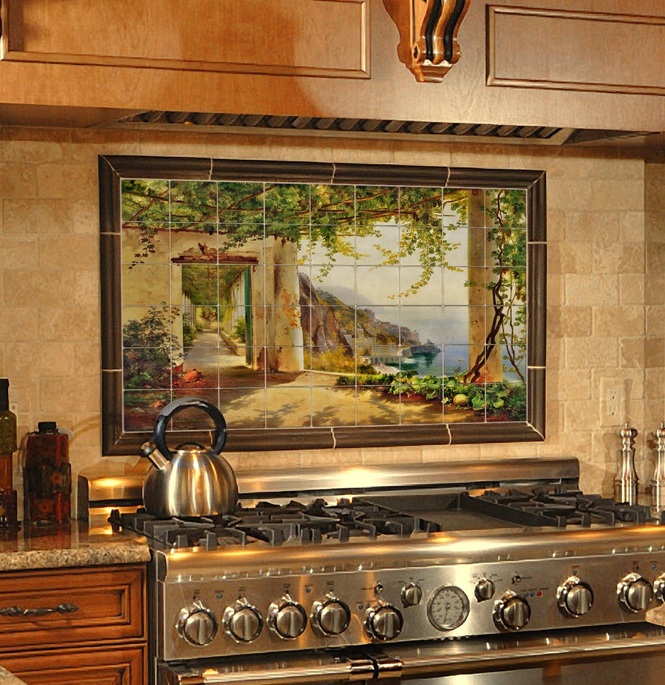 32×20 View to the Amalfi Kitchen Backsplash Mural Tumbled Marble Tiles