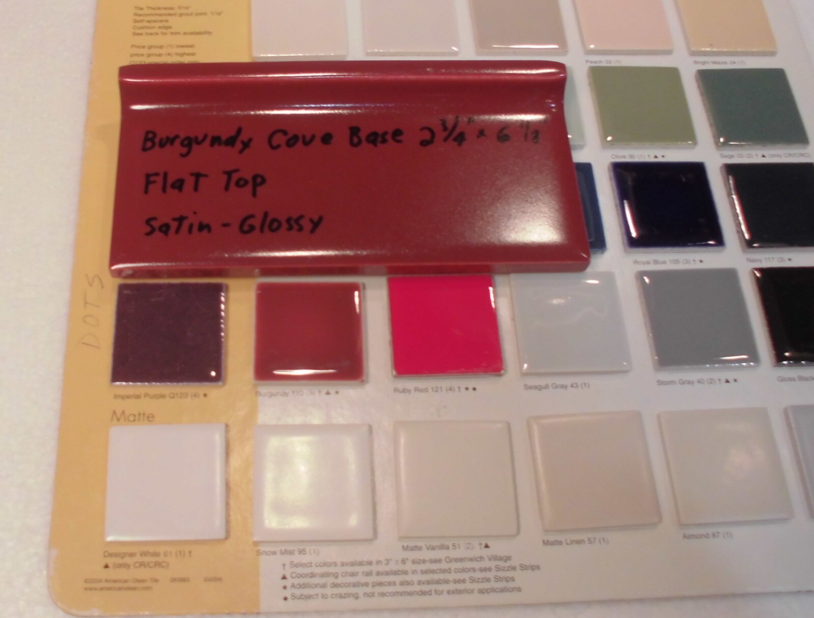 1 pc. Satin Gloss Burgundy: Flat Top base/cove Ceramic Tile: 2-3/4″ X 6-1/8″