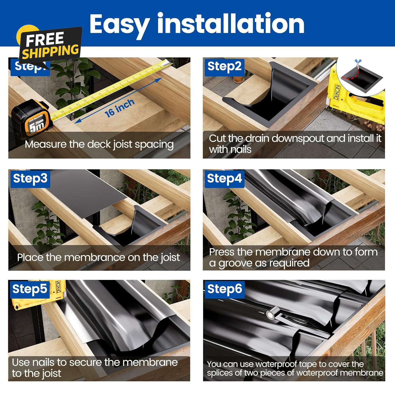 1PCS 50FT Black under Deck Drainage System Trough HDPE Waterproofing Membrane Fi