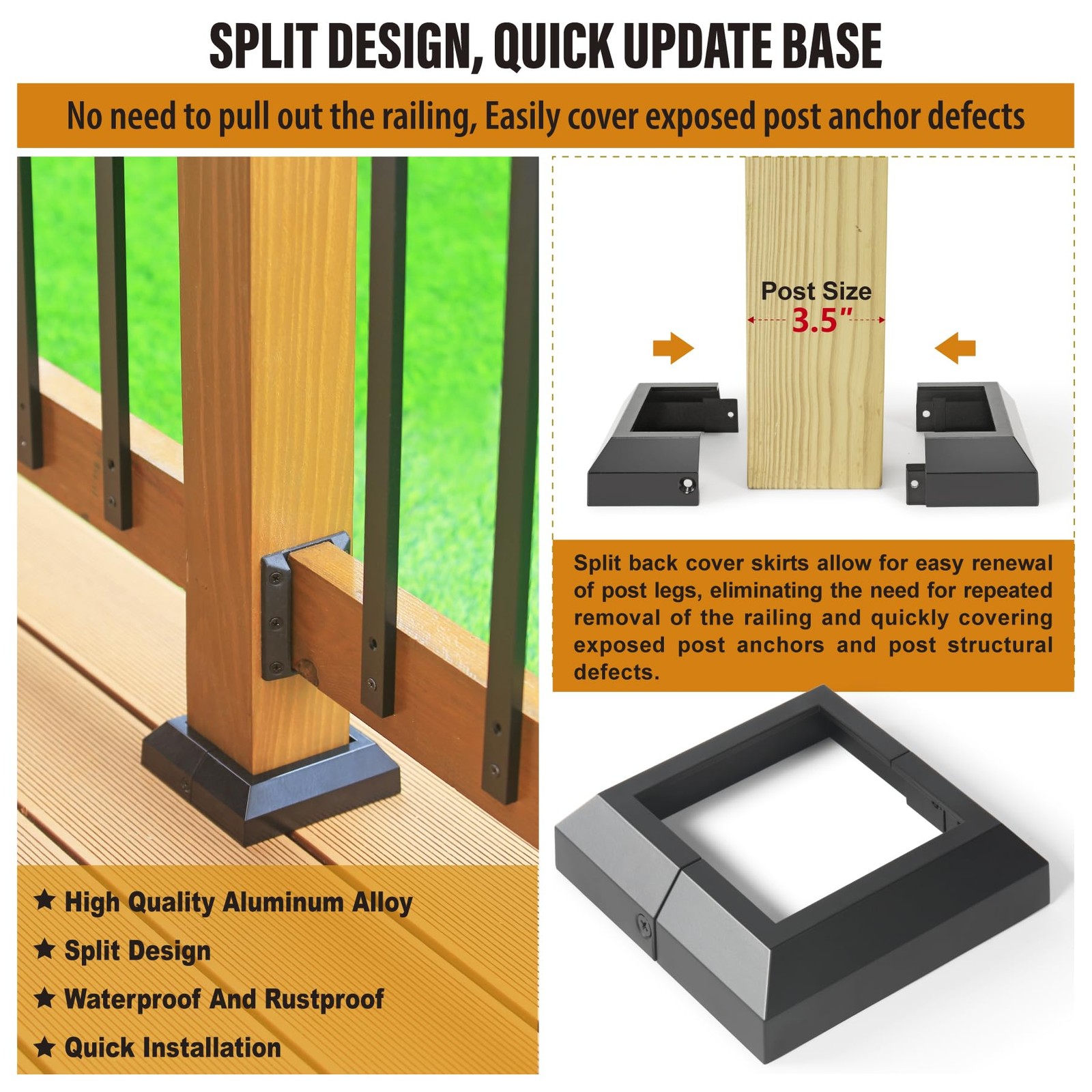 4 pcs 4×4 Actual 3.5″x3.5″ Aluminum Deck Post Base Cover, for Railings, Stair…