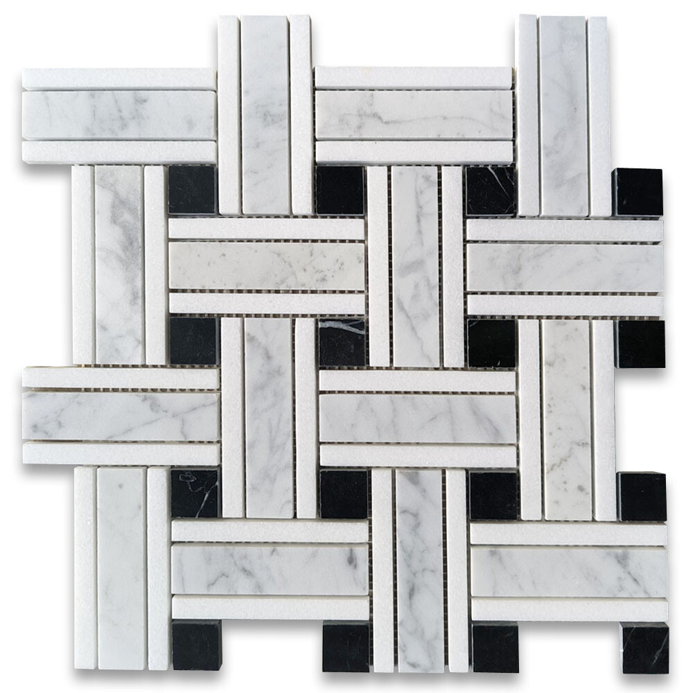 C66A5XP Carrara White Marble Twine Basketweave Mosaic Tile Marquina Thassos
