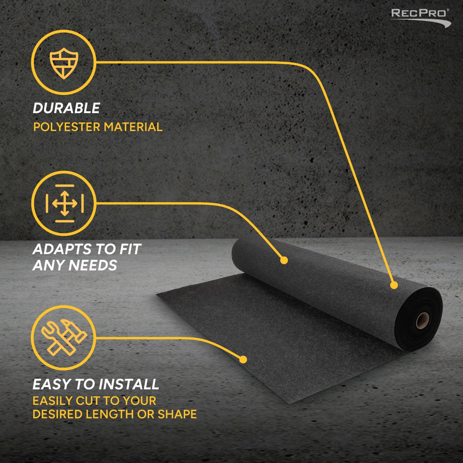 RecPro 8′ Charcoal Felt Liner Roll | 3mm Anti-Slip RV Boat Carpet