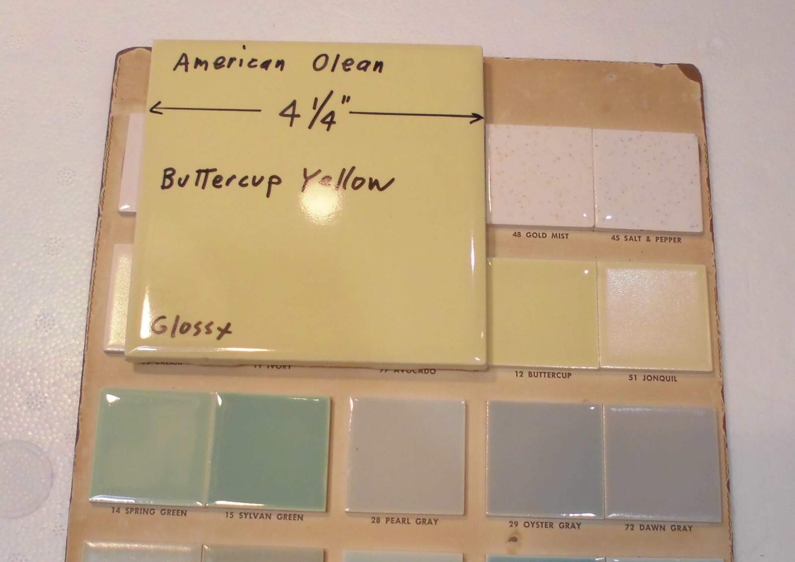 1 pc. Buttercup Yellow: 4-1/4″ Glossy Ceramic Tile by American Olean #12, NOS