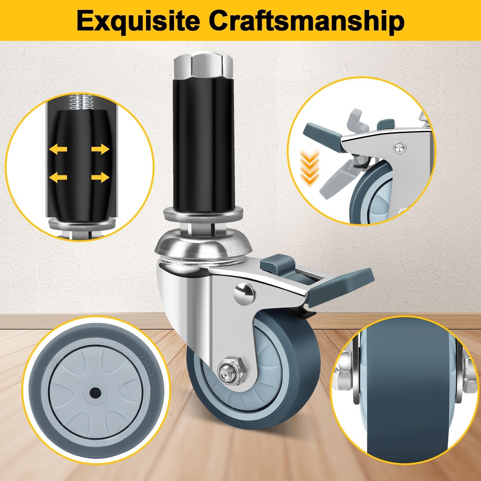 2 Inch Expanding Stem Casters Set of 4, Casters for Wire Shelving with Lockin…