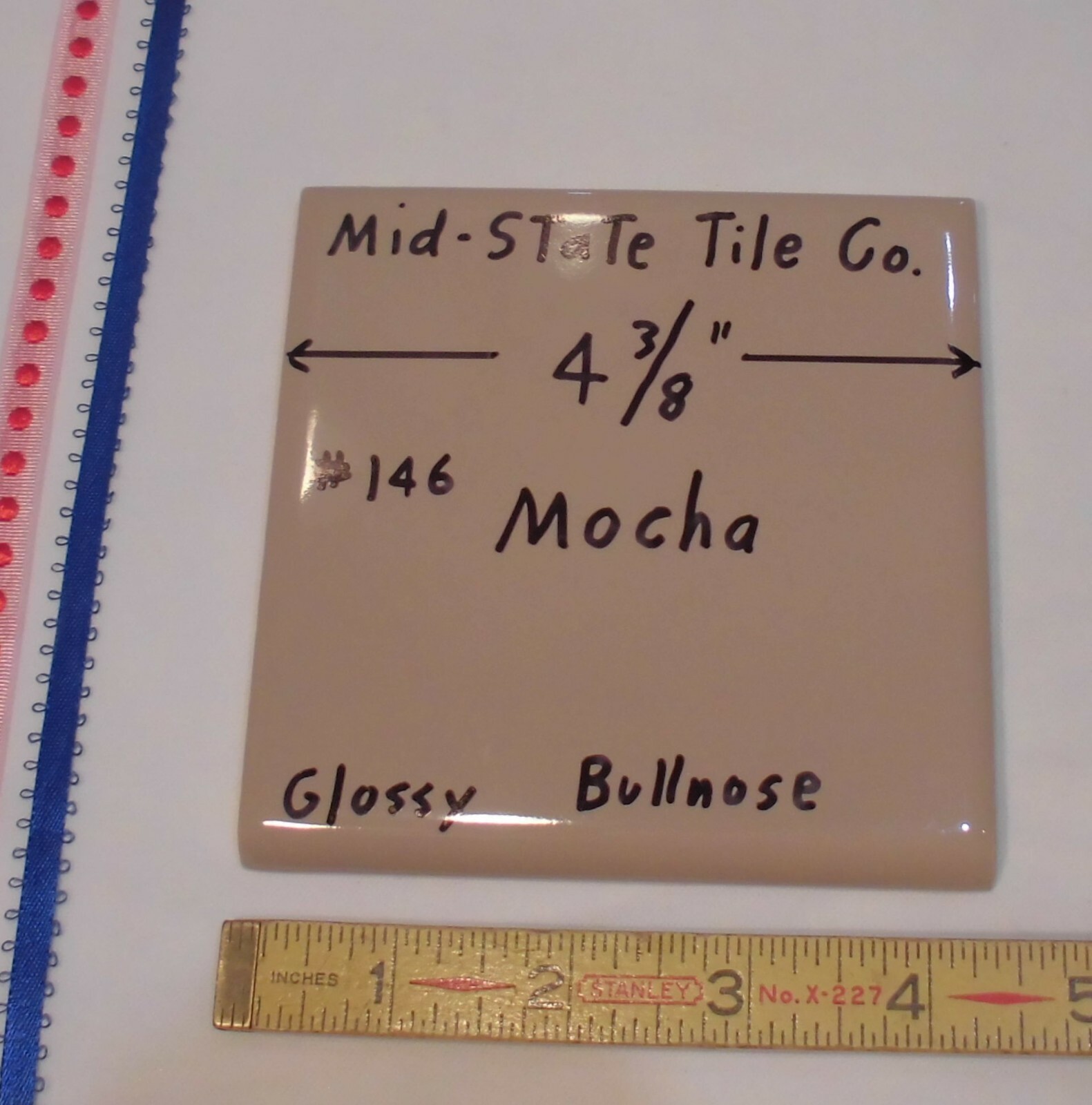 1 pc. *Mocha – Brown* Bullnose Ceramic Tile 4-3/8″ by Mid-State Co. Glossy NEW