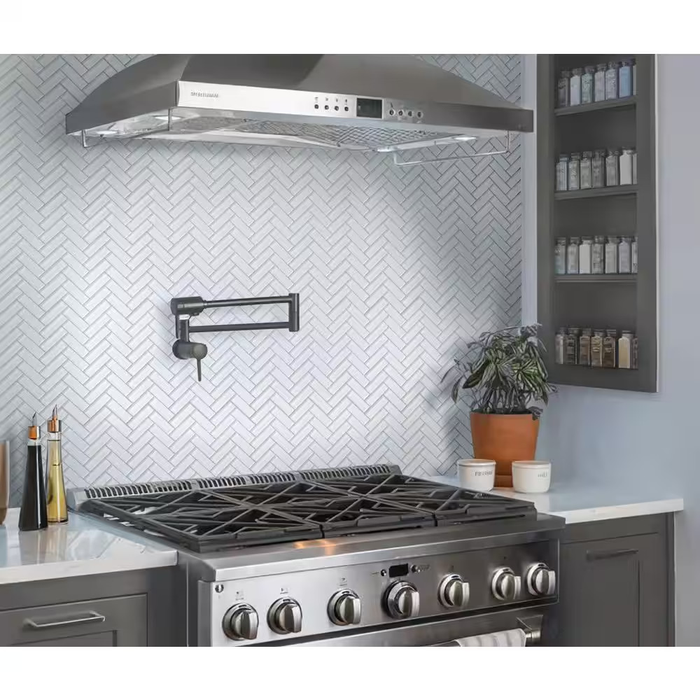 Ice White 11 In. X 12.6 In. Herringbone Polished Glass Mosaic Tile (4.81 Sq. Ft.