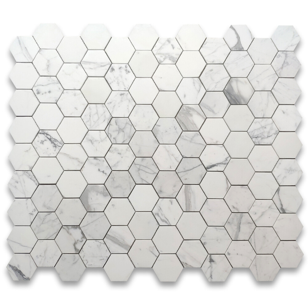 L34XH Statuary White Statuario Italian Marble 4″ Hexagon Mosaic Tile Honed