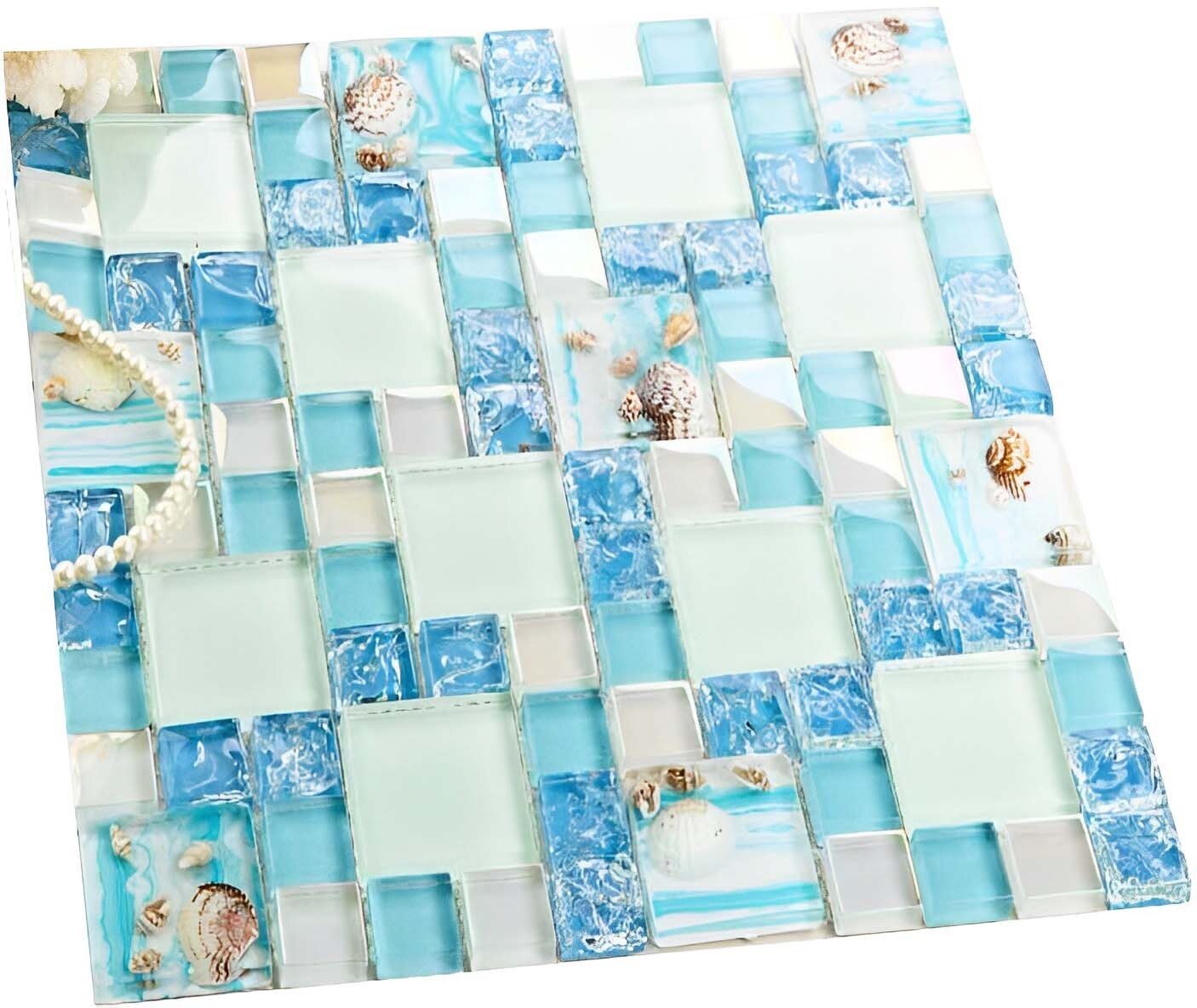 Glossy Glass Tile Crackle Mosaic Wall Tiles Blue Sky Coastal Kitchen Backsplash
