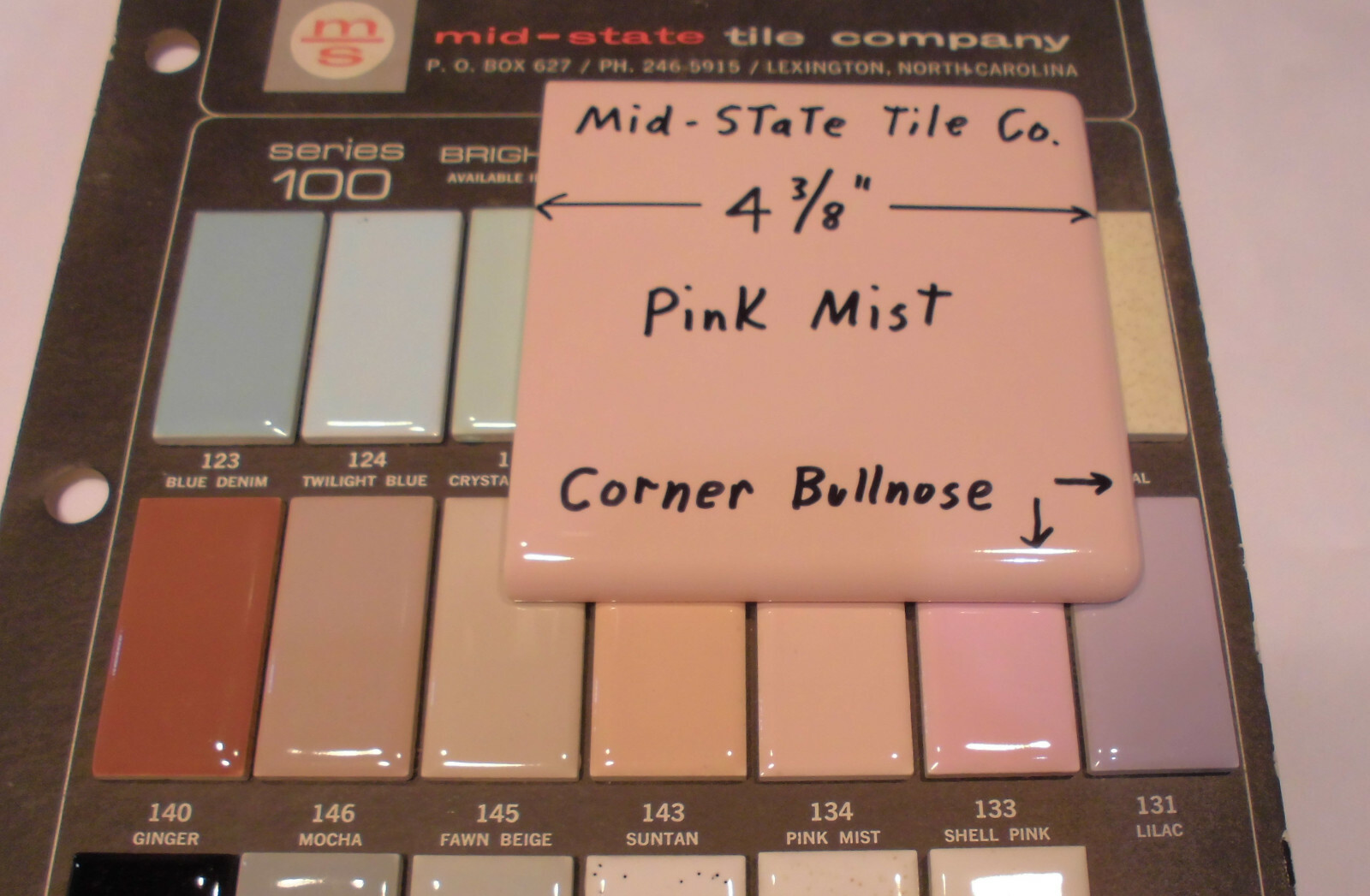 1 pc. “Glossy Pink Mist” Corner Bullnose Ceramic Tile 4-3/8″ by Mid-State Co.