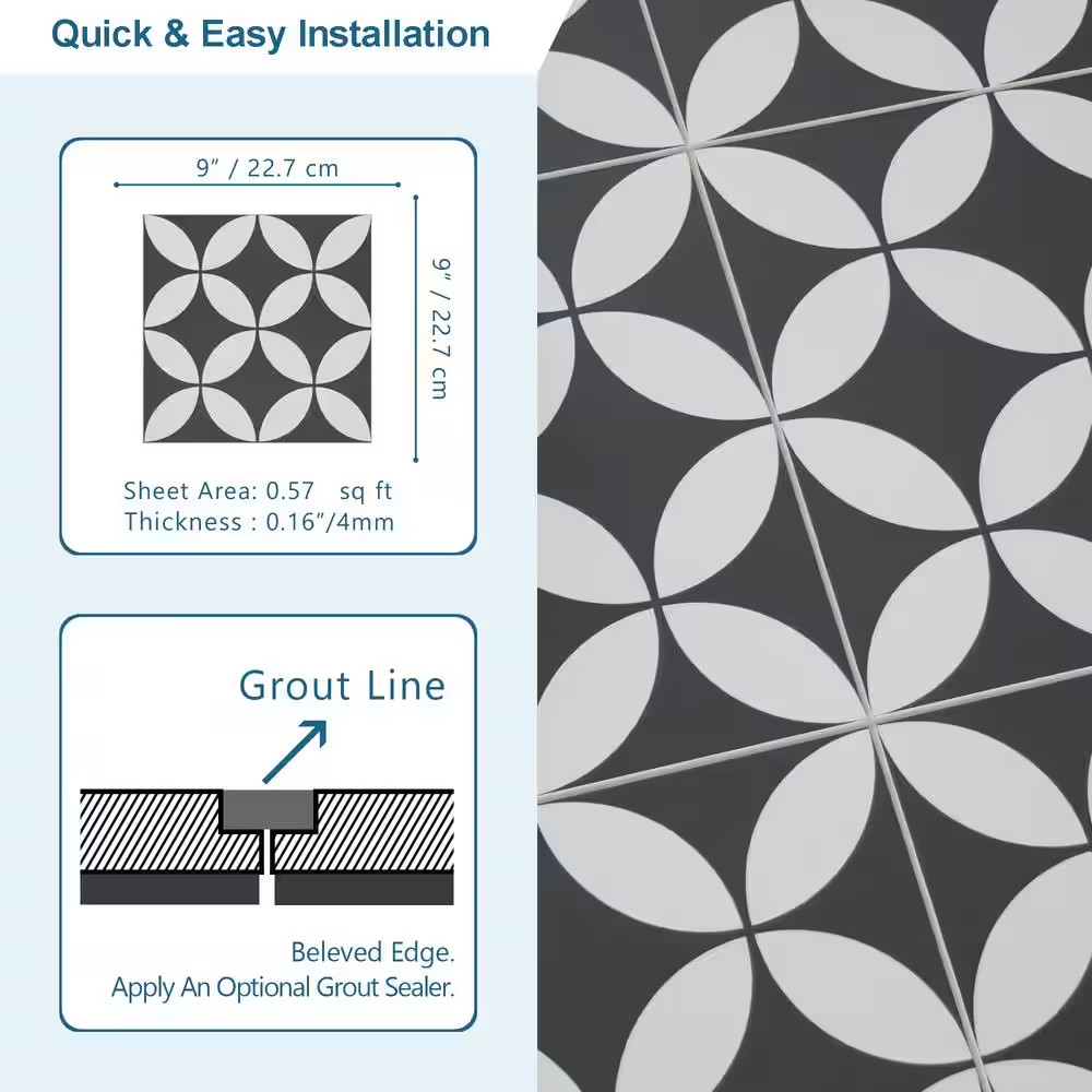 Patterned Gray 9 In. X 9 In. SPC Coin Peel and Stick Backsplash Wall and Floor T