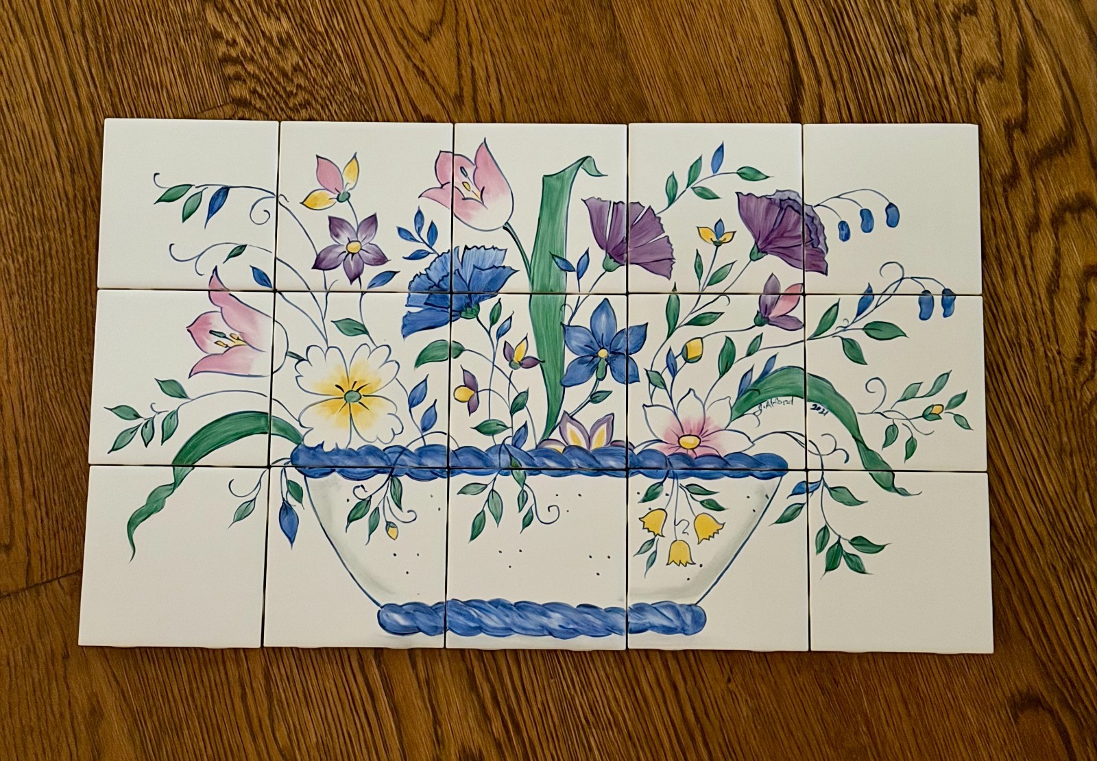 Hand Painted French Country Floral Tile Mural 15 Pc Judy Alford Signed 21×13