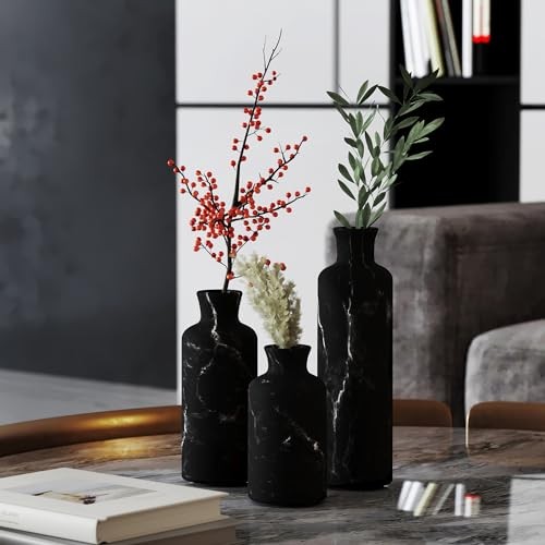 Black Marble Look Vase Set – Vases Home Decor, Premium Matte Black Marble Look