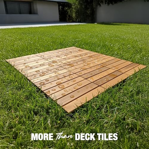 Premium Acacia Wood Interlocking Deck Tiles, 9 PCS Golden Teak – Striped