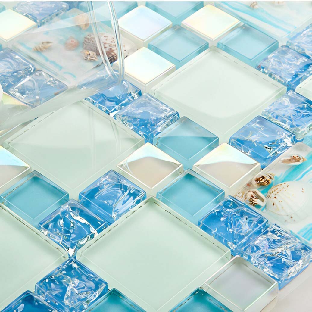 Glossy Glass Tile Crackle Mosaic Wall Tiles Blue Sky Coastal Kitchen Backsplash