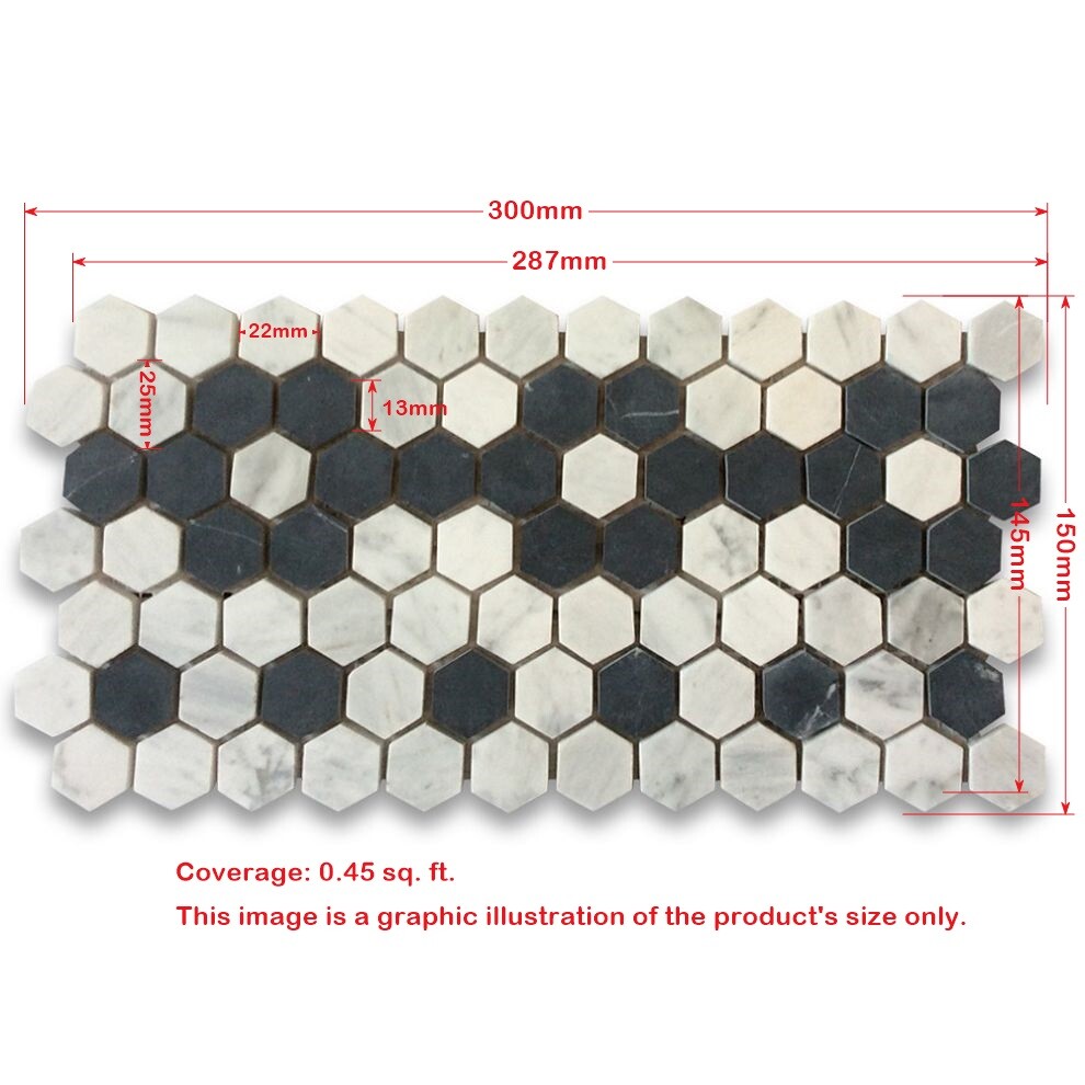 C31B2XP Carrara White Marble Hexagon Mosaic Border Flower Tile Polished 1″