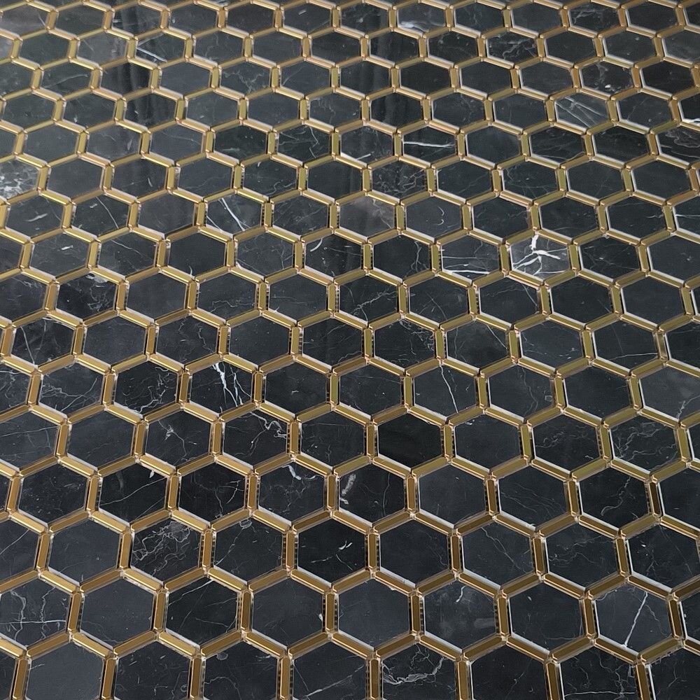 N328XP Nero Marquina Black Marble Hexagon Mosaic Tile Brass Strips Polished