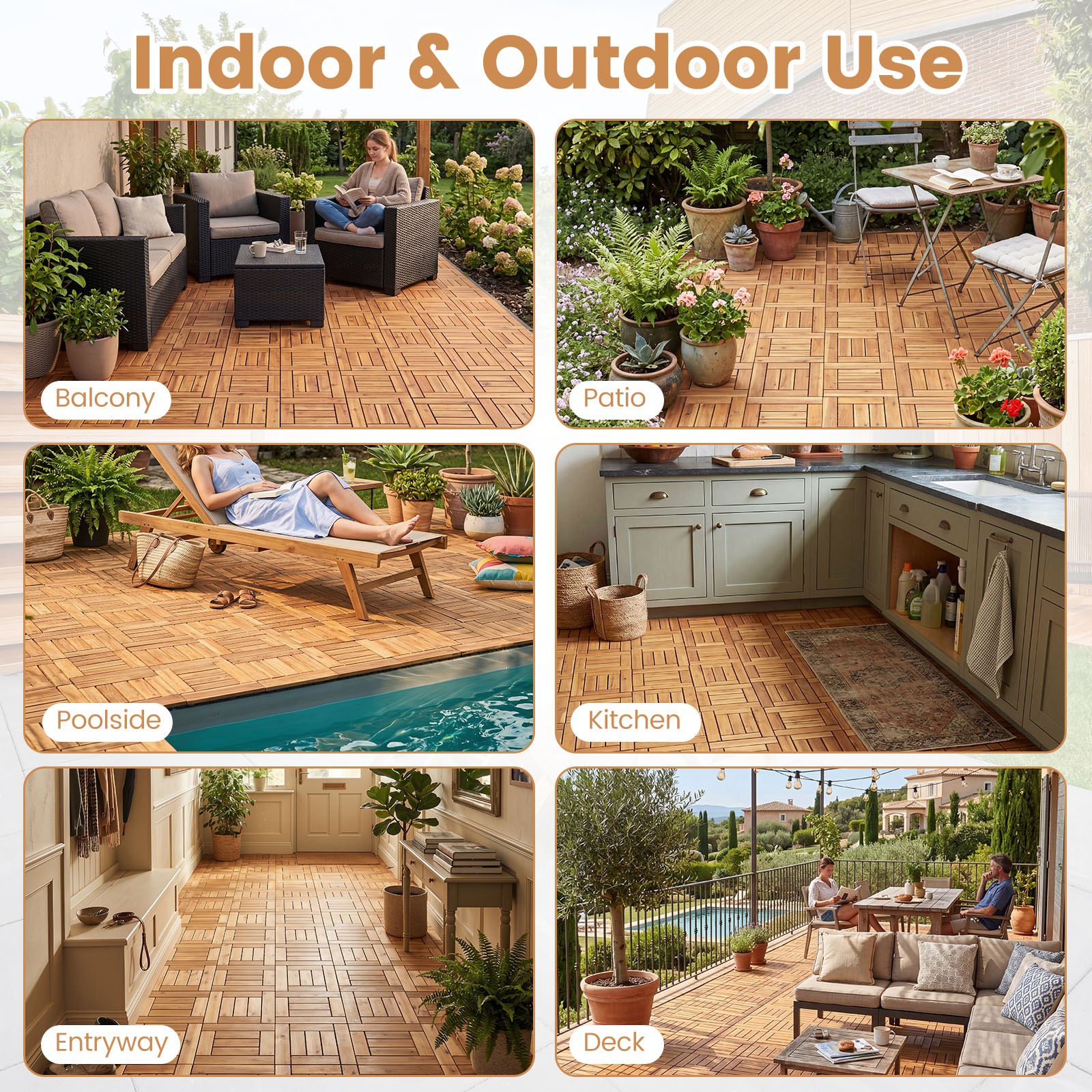12″ x 12″ Acacia Wood Interlocking Deck Tiles,54 PCS Waterproof Flooring Tiles