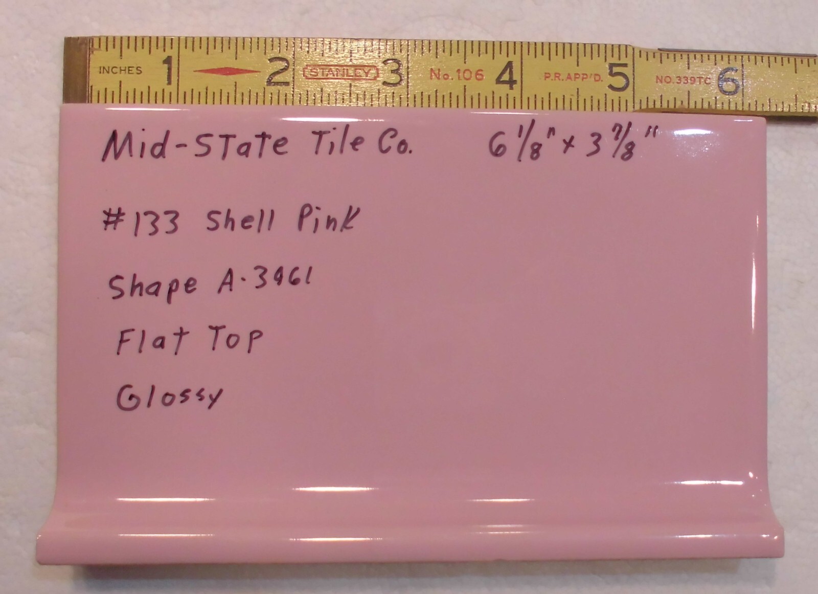 1 pc. Shell Pink: 4” X 6” Glossy Ceramic Cove Base Tile by Mid-State: Flat Top