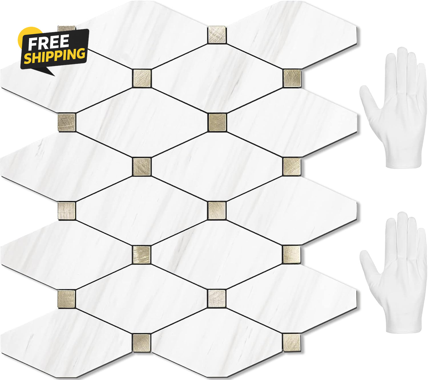 10 Sheets Peel and Stick Dolomite Mosaic Tile, White Marble Look PVC Mixed