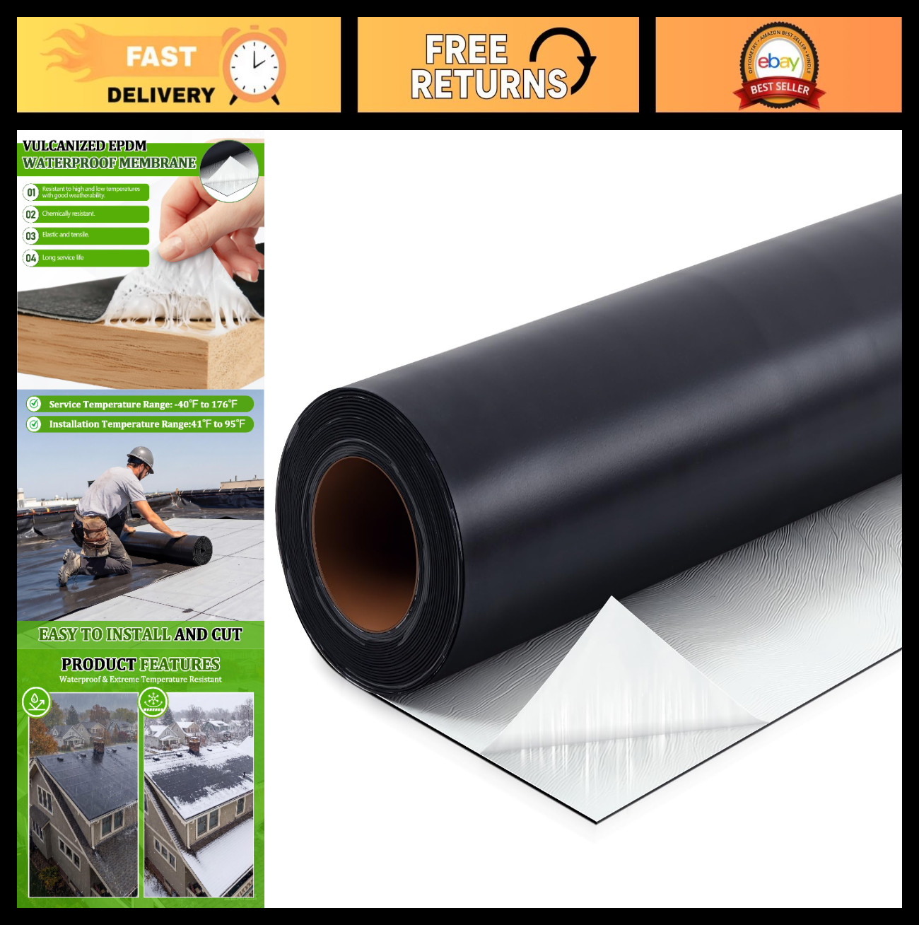 Self-Adhesive EPDM Rubber Roofing Membrane 19.6″x10ft, 50 Mil Waterproof Underla