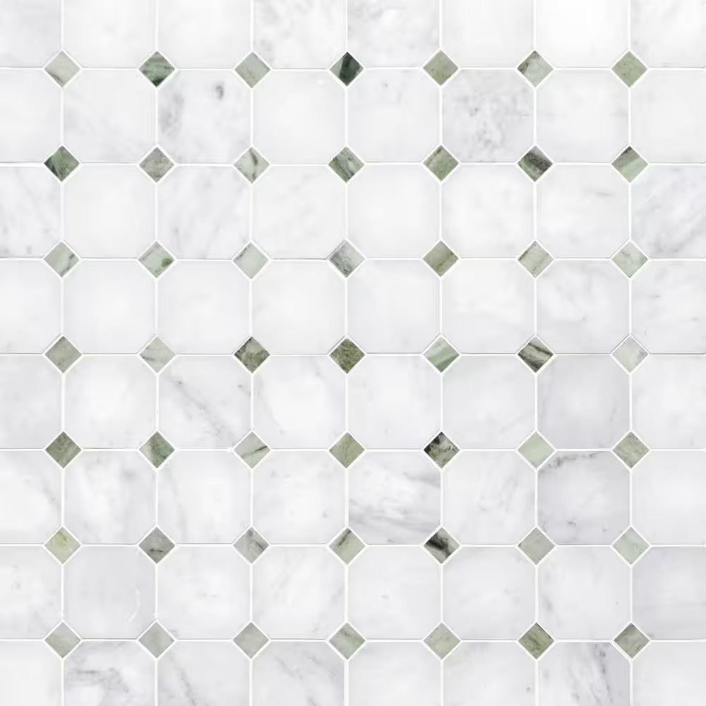 Octagon Carrara White and Green 11.5 In. X 11.5 In. Honed Natural Marble Floor a