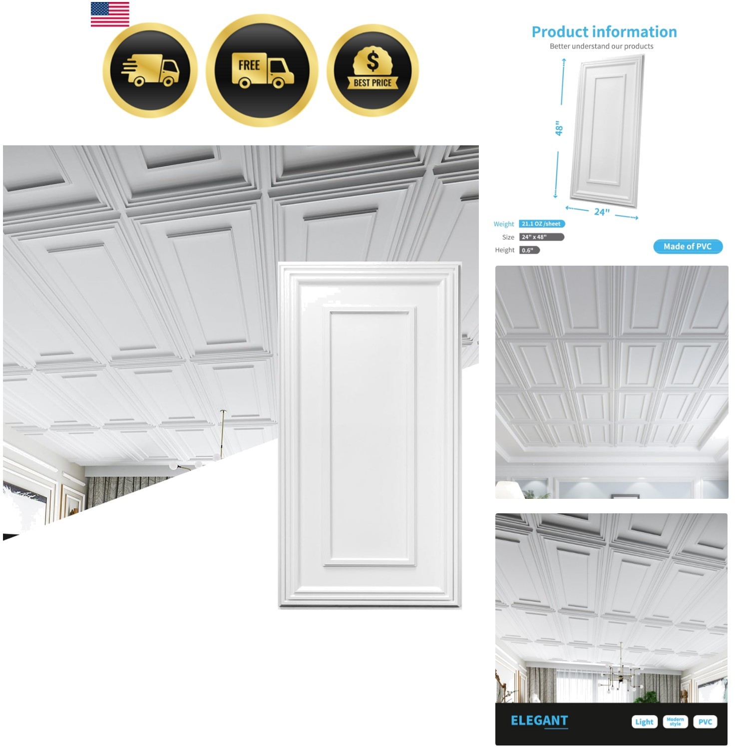 Drop Ceiling Tiles, 24x48in. White 12-Pack, Polyvinyl Chloride PVC, Glue Down