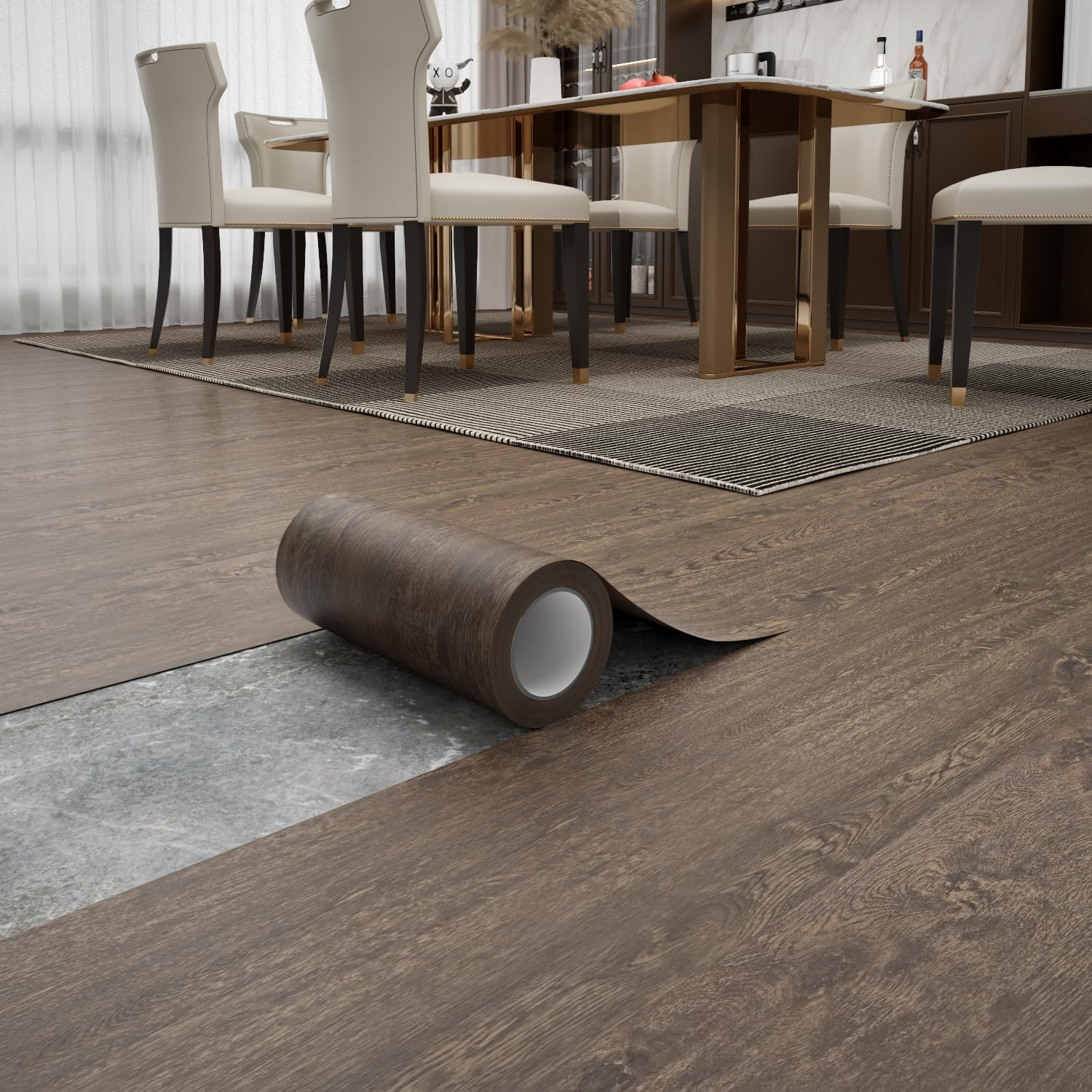 Peel and Stick Floor Tile 11.8” X 590” Vinyl Flooring Roll Cover 48.4 Sq.Ft. Wat