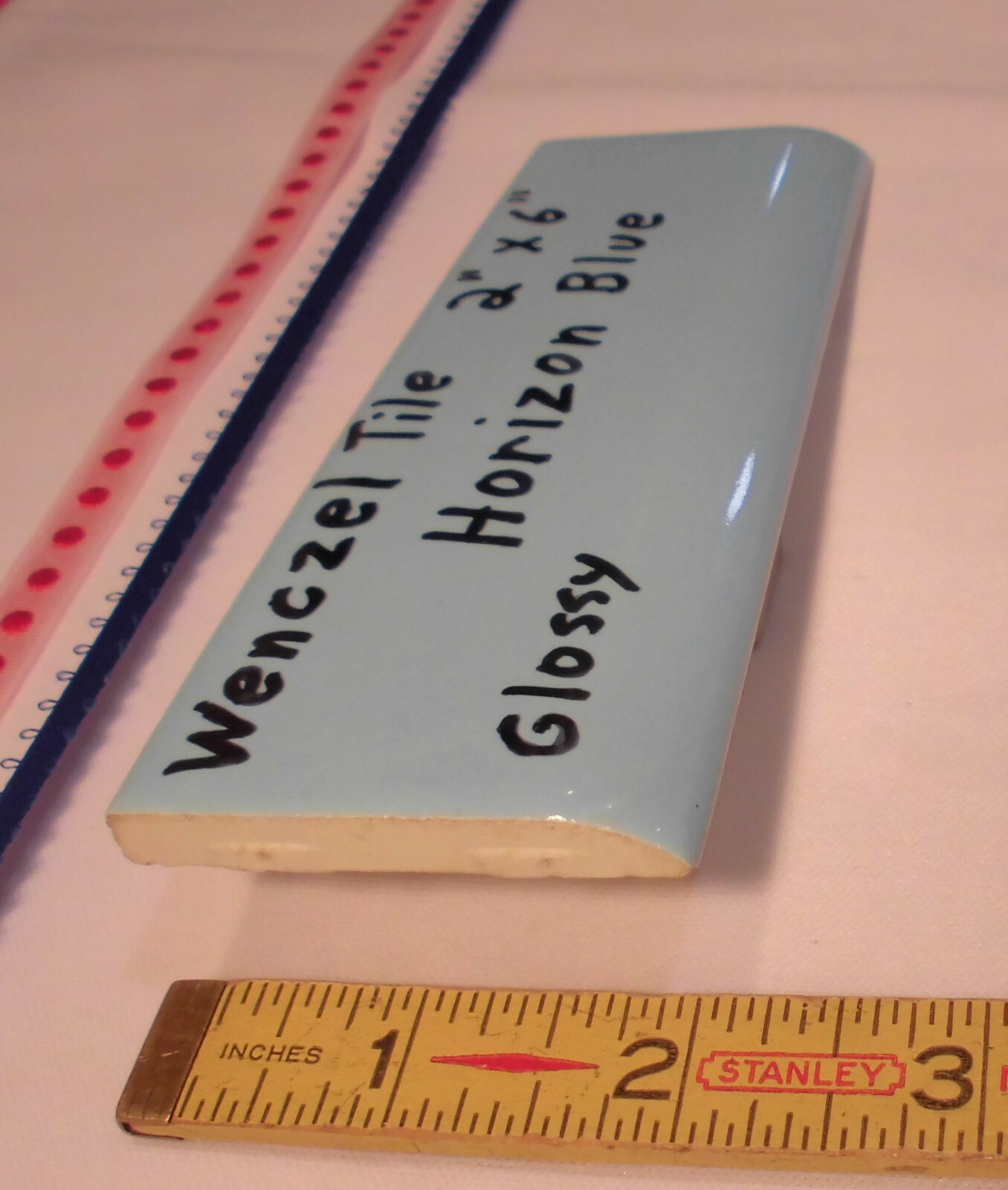 1 pc. Glossy *Horizon Blue* 2” X 6” Bullnose Ceramic Tile by Wenczel Co. NOS