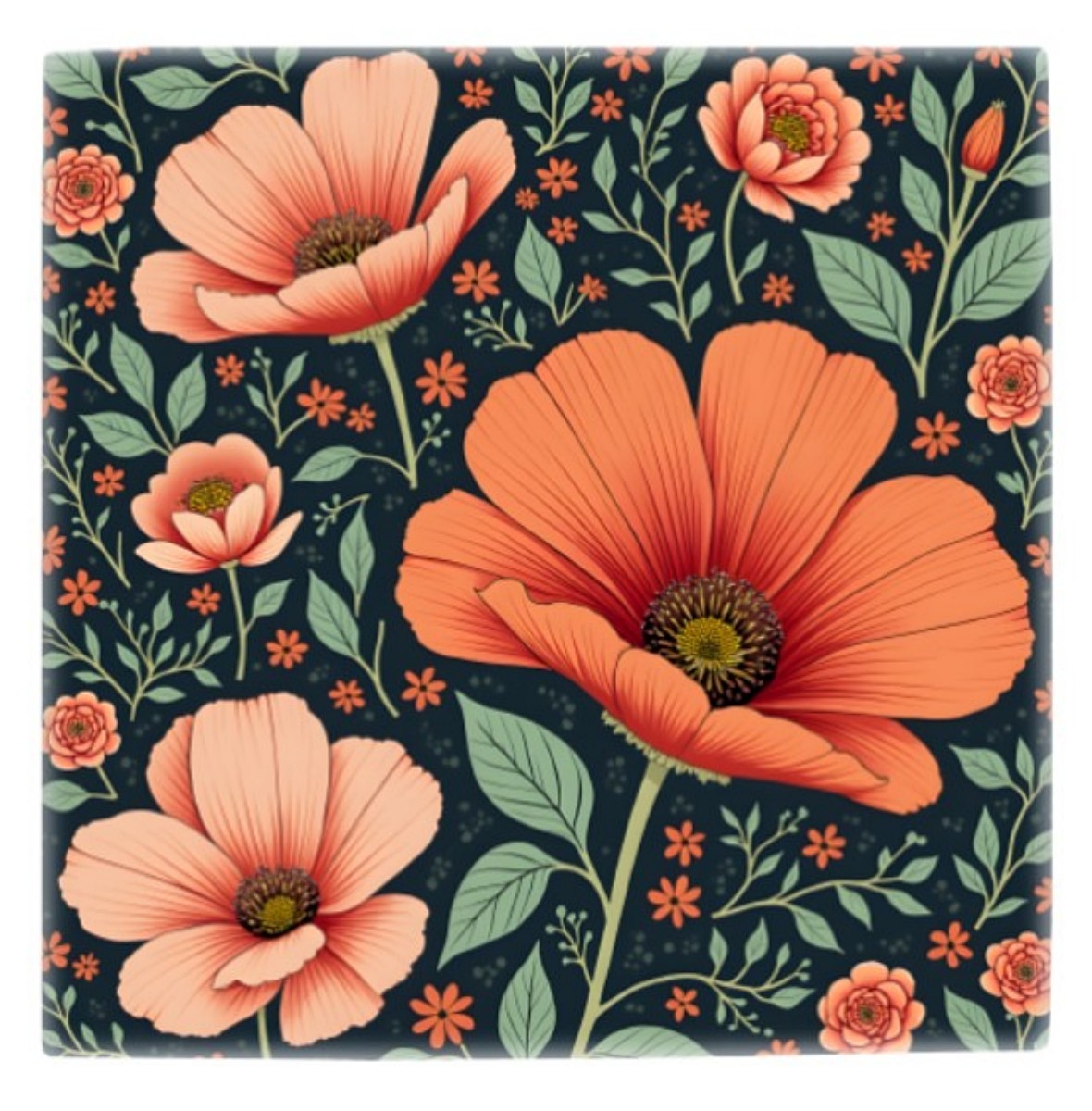 Floral Ceramic Tile 3 sizes Orange Green Flowers 13 Printed in US