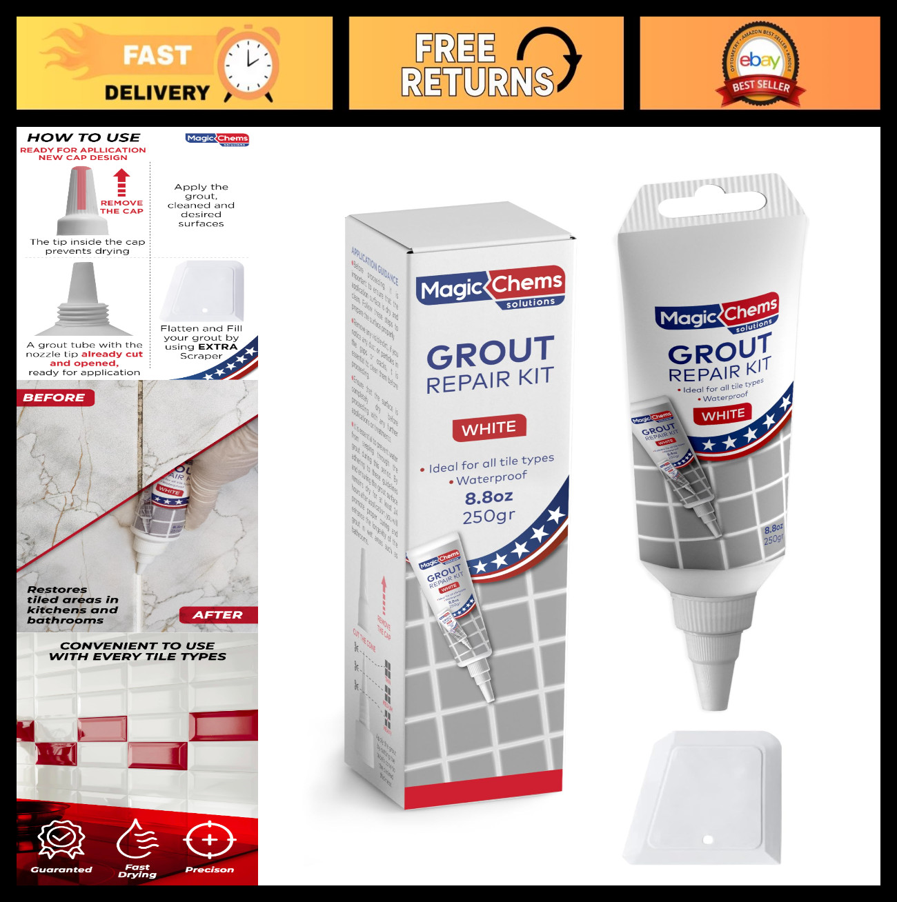 Fast Drying Tile Grout Repair Kit – 8.8 oz Grout Filler & Sealer for Gaps & Join