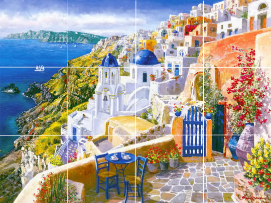 coffee in Santorini Greece view of Mediterranean ceramic tile mural backsplash