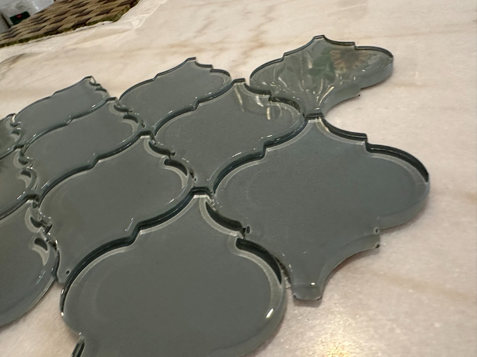 Gray Arabesque Glossy Glass Mosaic 9″x13″ Offset