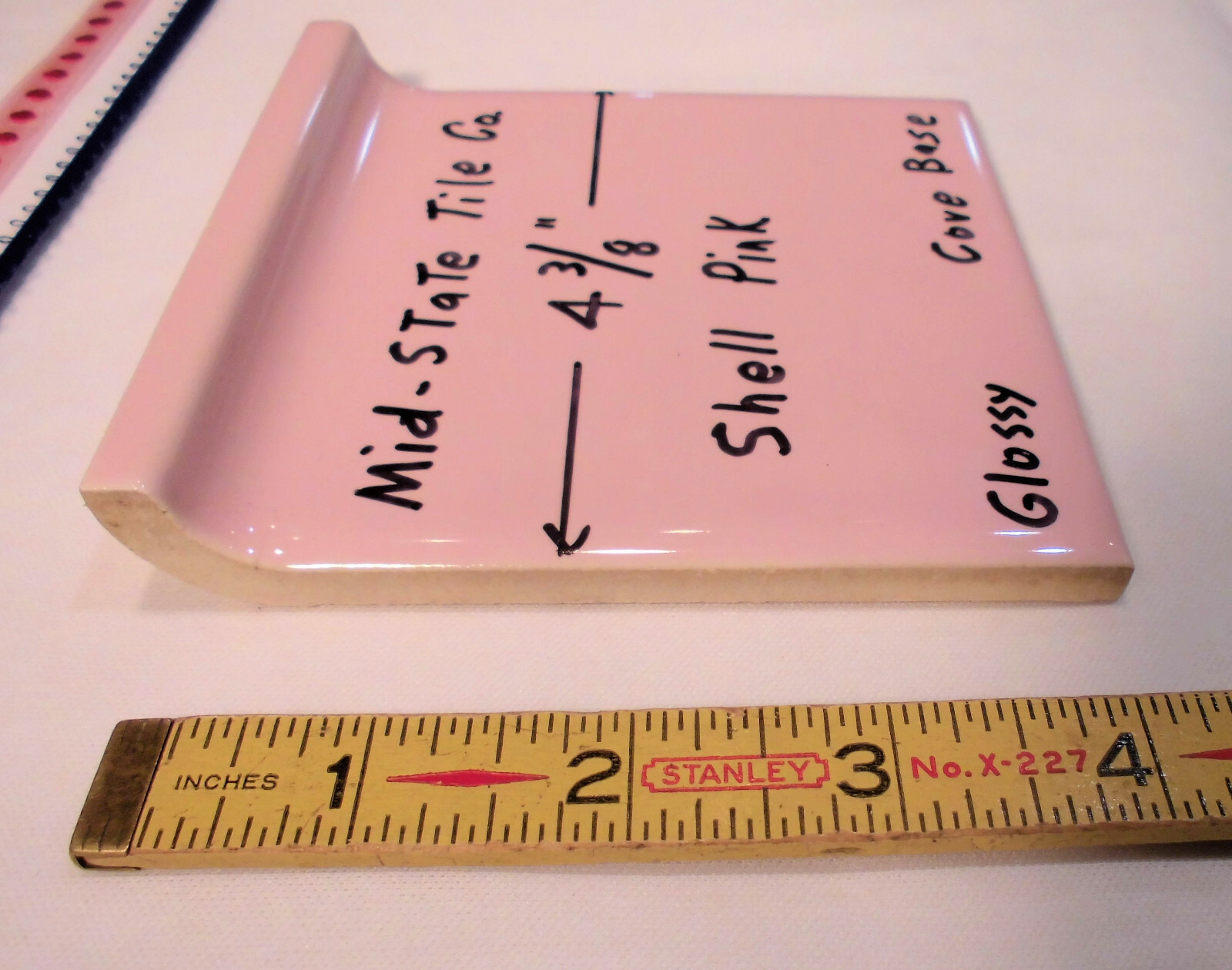 1 pc. Cove-Base Ceramic Tile *Shell Pink* 4-3/8″ Mid-State Co. Glossy; stack on