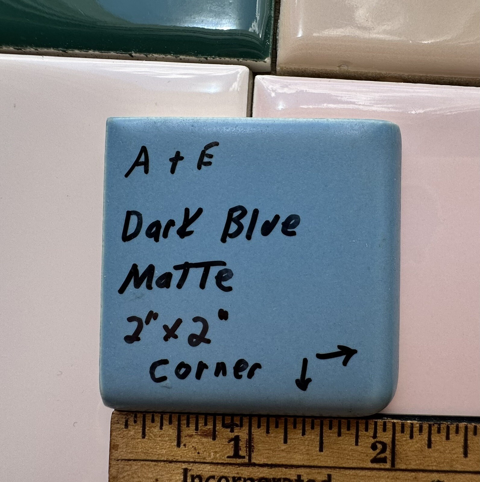 Dark Blue: 2″ X 2″ X 5/16″ Ceramic Surface Bullnose Corner Tile, made 1950’s