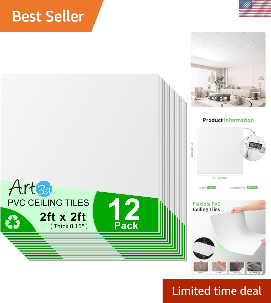 Classic White 24″x24″ Drop Ceiling Tiles – 48 Sq.Ft Coverage, Easy Install