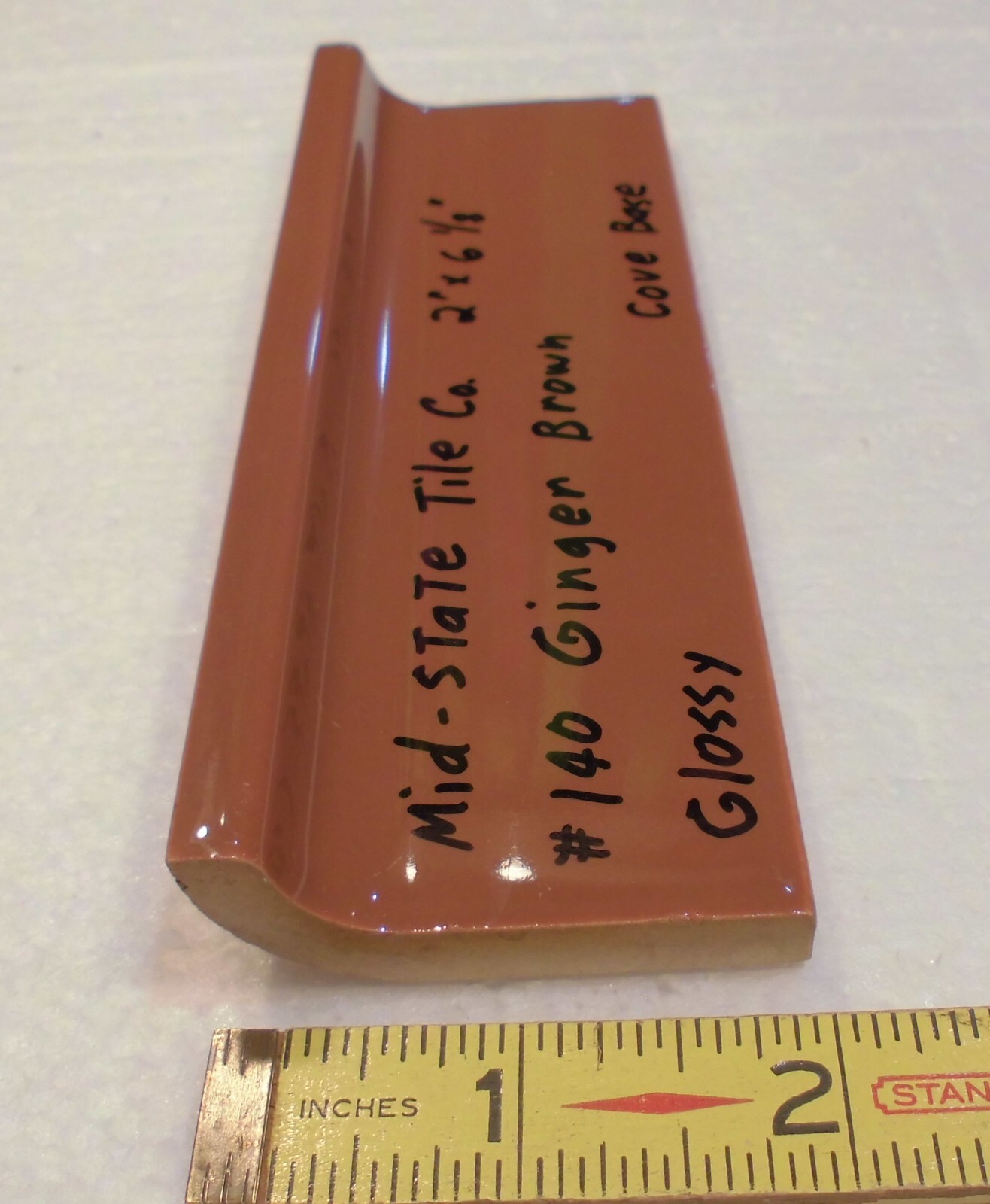 1 pc. Medium Brown: 2” X 6-1/8” Glossy Ceramic Cove Base Tile, Flat Top, NOS