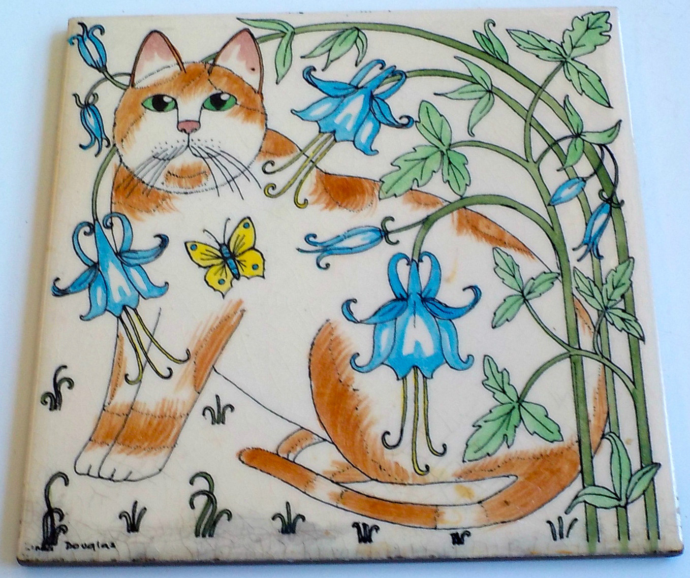 PAIR OF VINTAGE CERAMIC TILES-CAT/FLORAL MOTIFF-SIGNED-LINDA DOUGLAS-ENGLAND