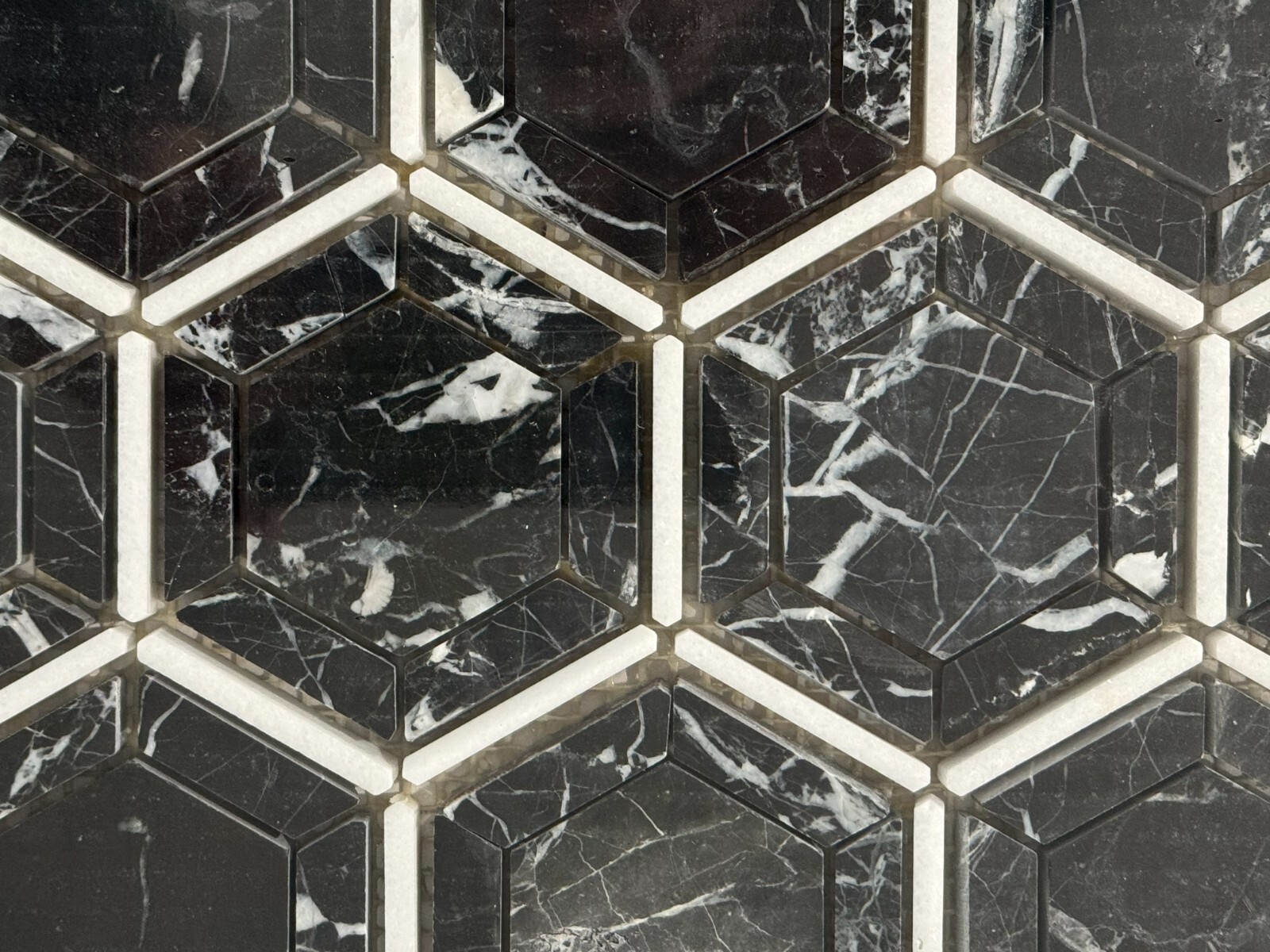 S56 Black/White Marble Hexagon Mosaic Tile Kitchen Bathroom Polished, 7 sheets