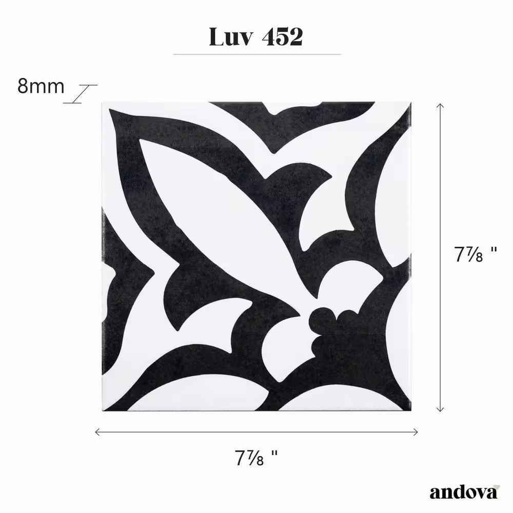 Luv Ti’Amo Black and White 8 In. Encaustic Patterned Matte Porcelain Wall and Fl