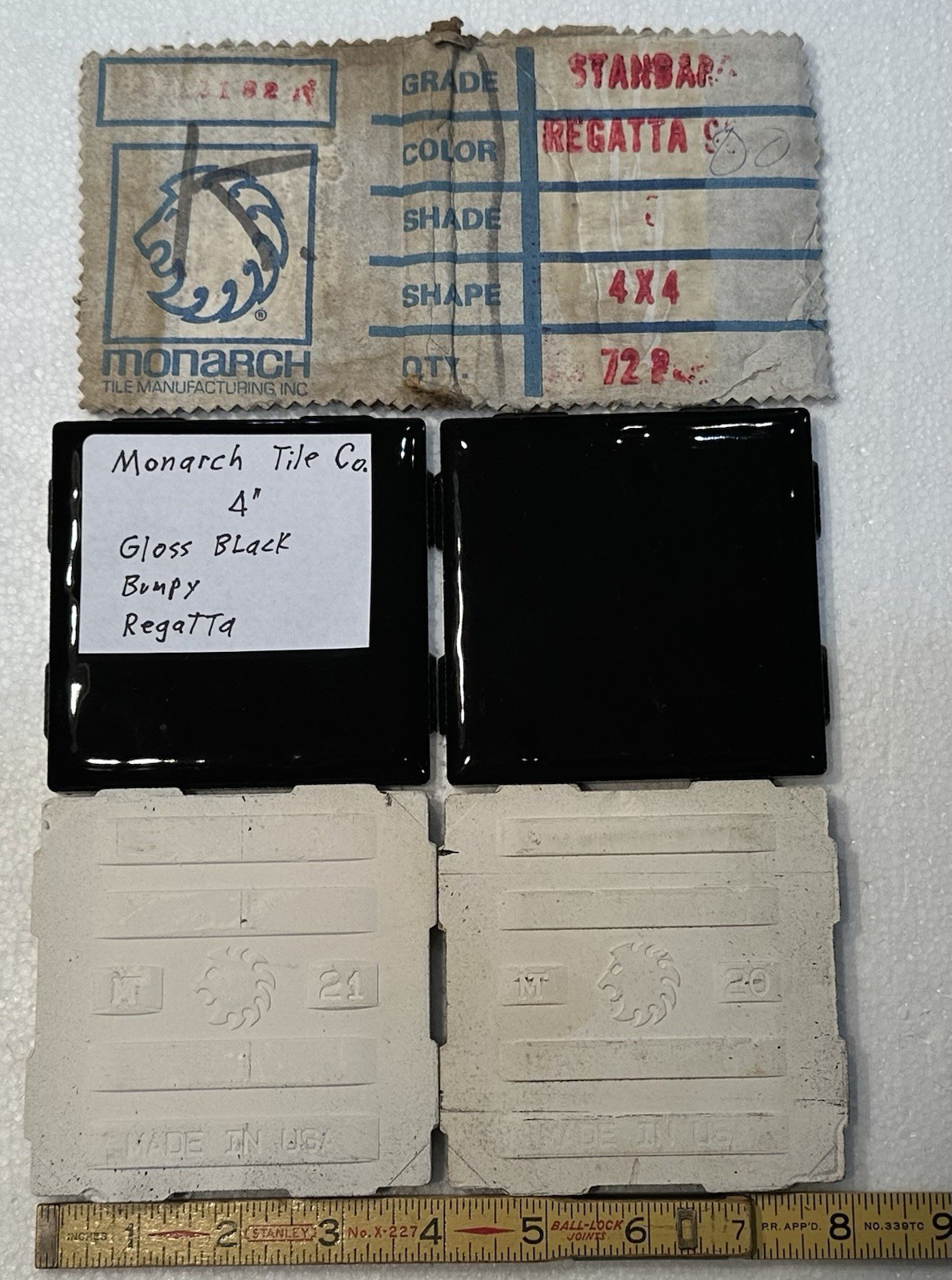 4 Pieces: Dark Rich Gloss Black: 4″ Very Bumpy Ceramic Tile by Monarch Co. NEW