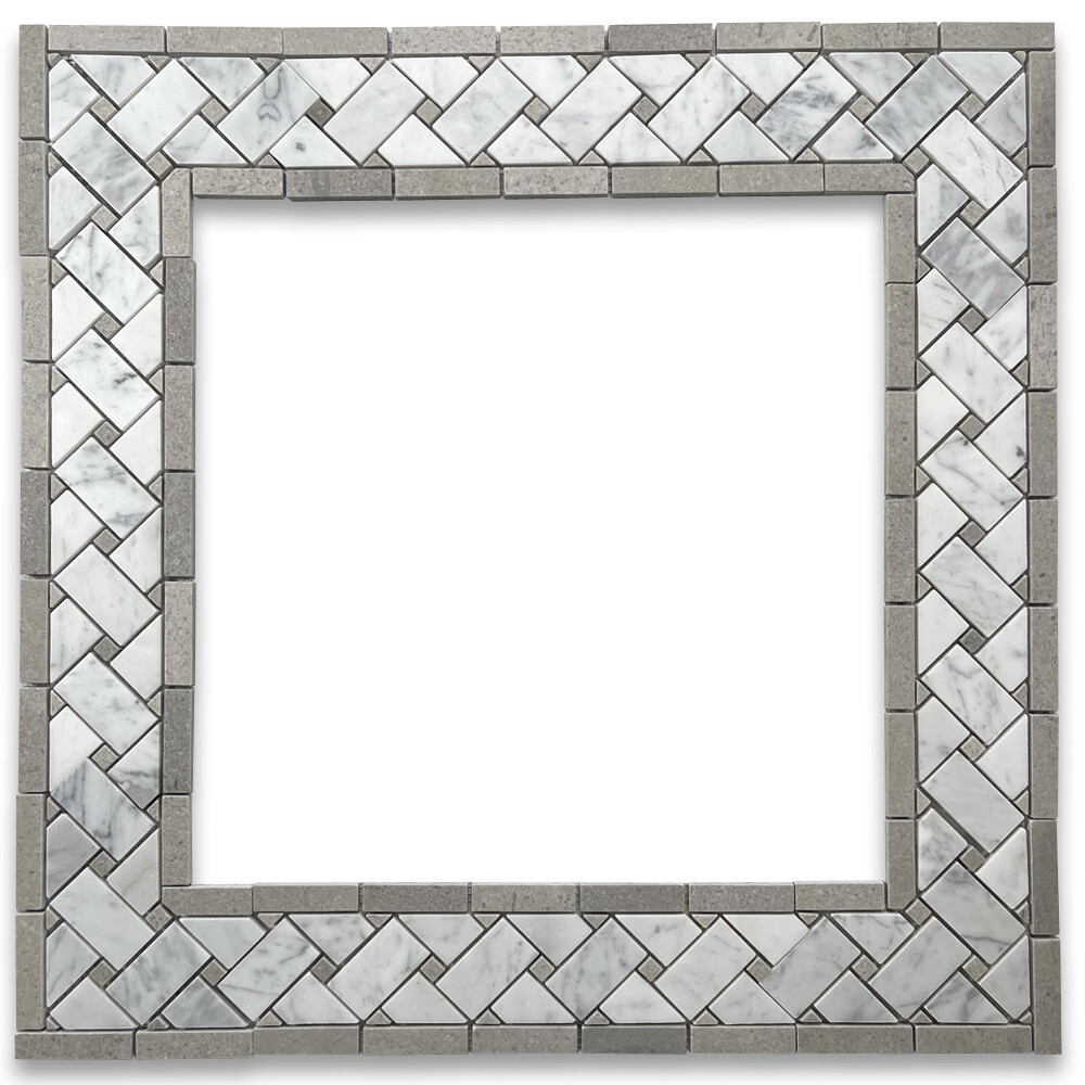 C653BXH Carrara White Marble Basketweave Mosaic Border Gray Dots Honed 4×12