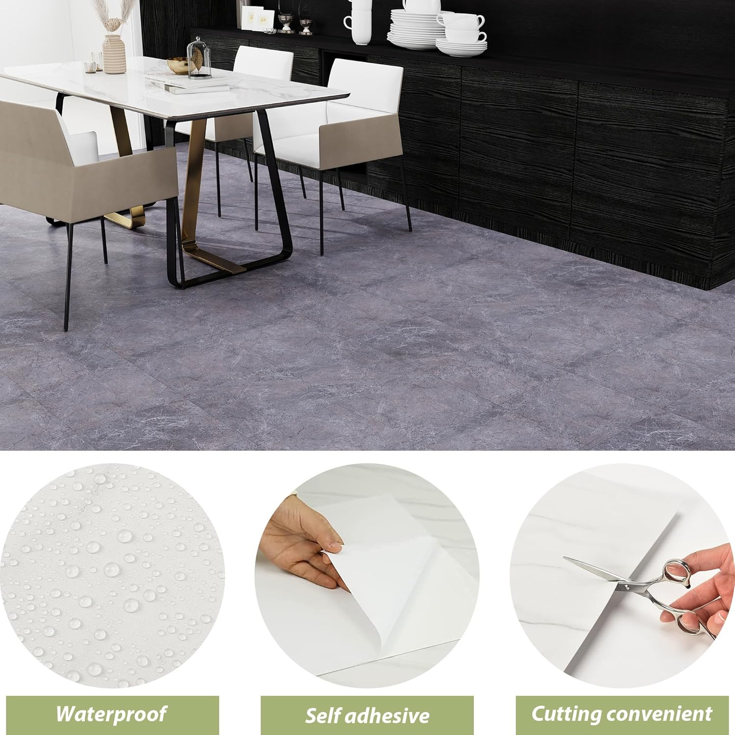 20Sq.Ft Grey Marble Peel and Stick Vinyl Floor Tiles,20 Tiles – 12″ X 12″,Waterf
