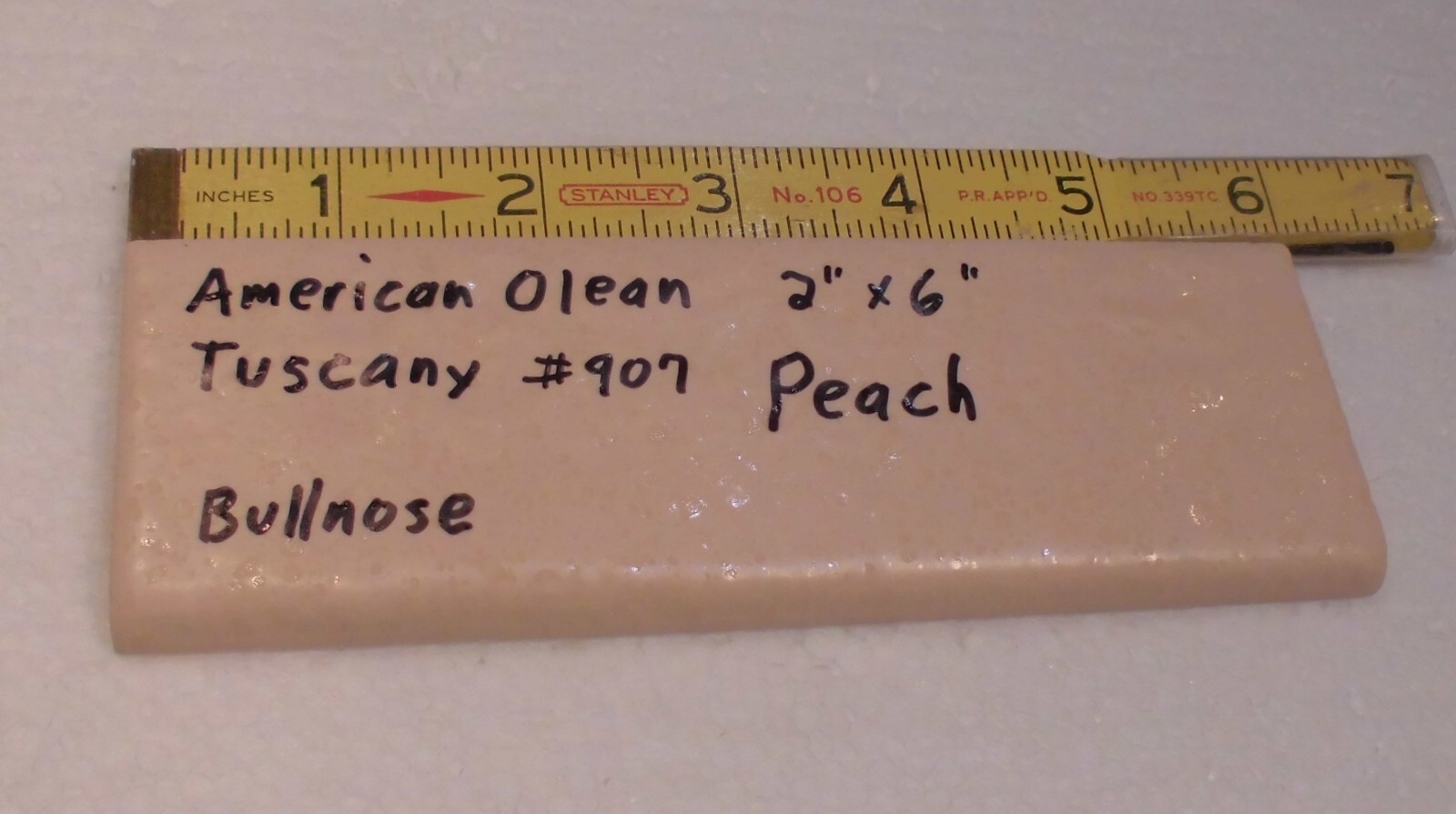 1 pc. Ceramic Bullnose Tile: 2” X 6″ Tuscany Peach #907 by American Olean: NEW