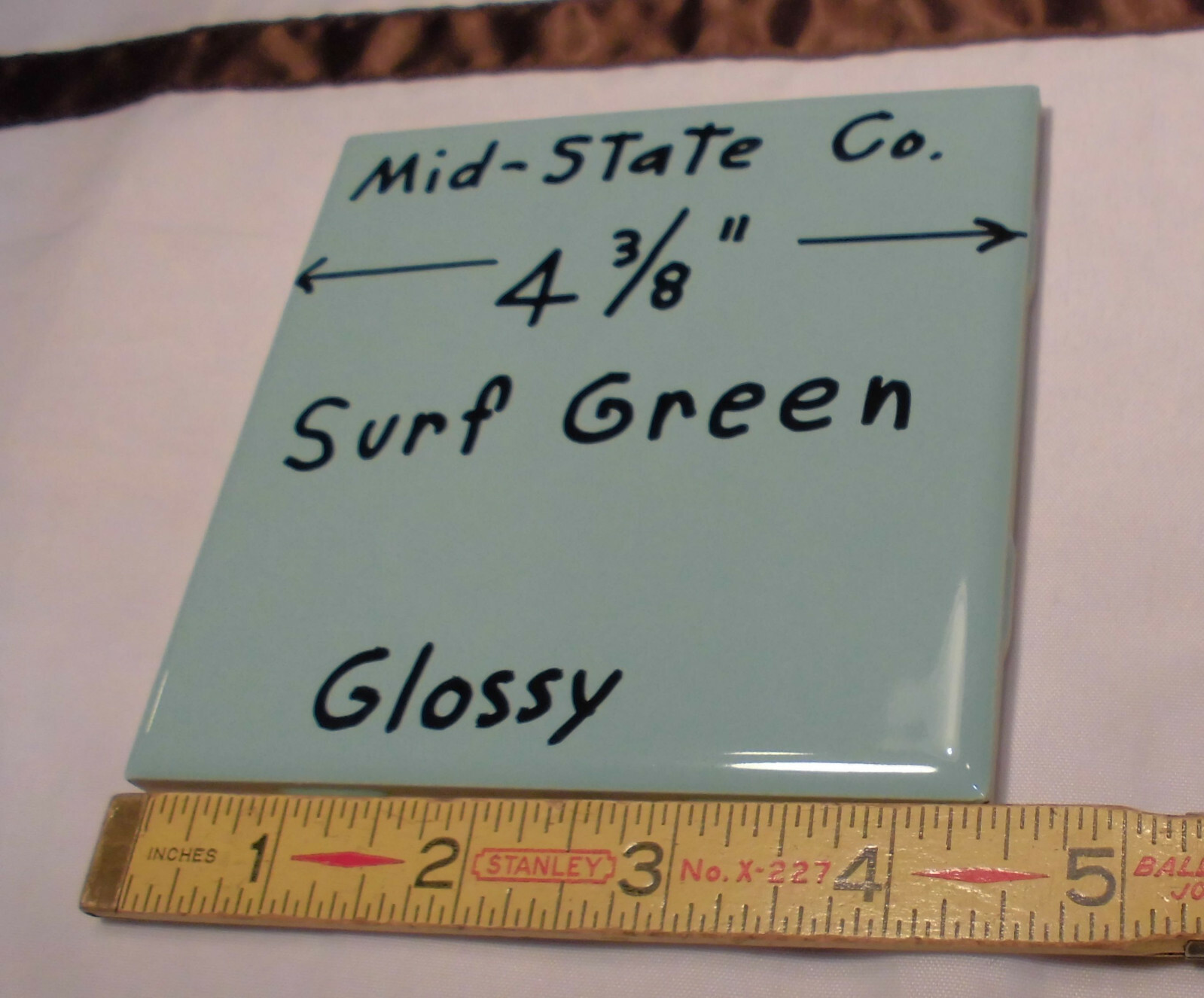 1 pc. Vintage Ceramic Tile *Surf Green* 4-3/8″ by Mid-State Tile Co. (NOS)