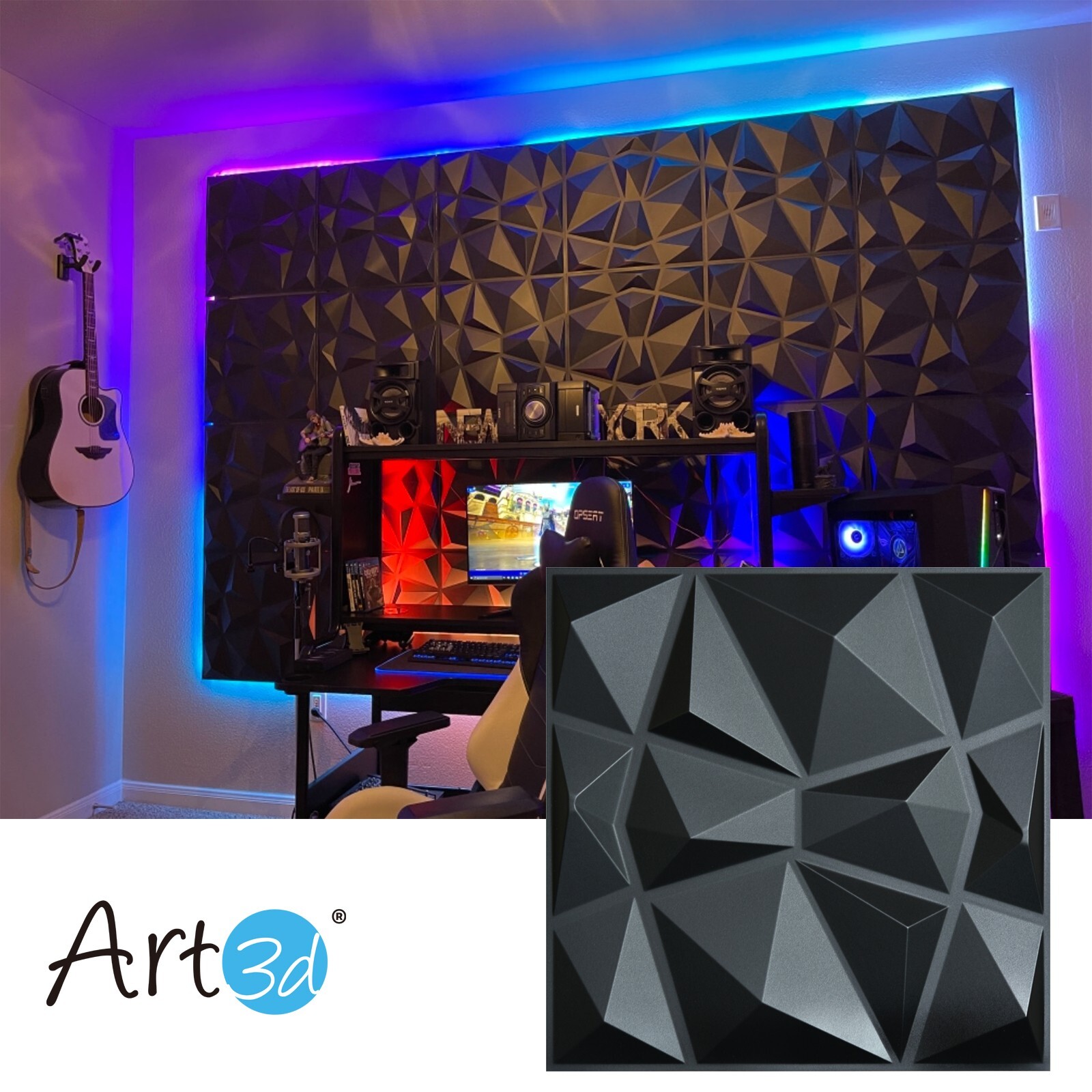 Art3d 3D PVC Wall Panels Home Decor TV Background Board, 19.7″ x 19.7″ (12 Pack)