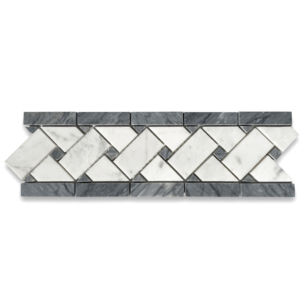 C657BXP Carrara Venato Marble Basketweave Mosaic Border Bardiglio Dot Polished