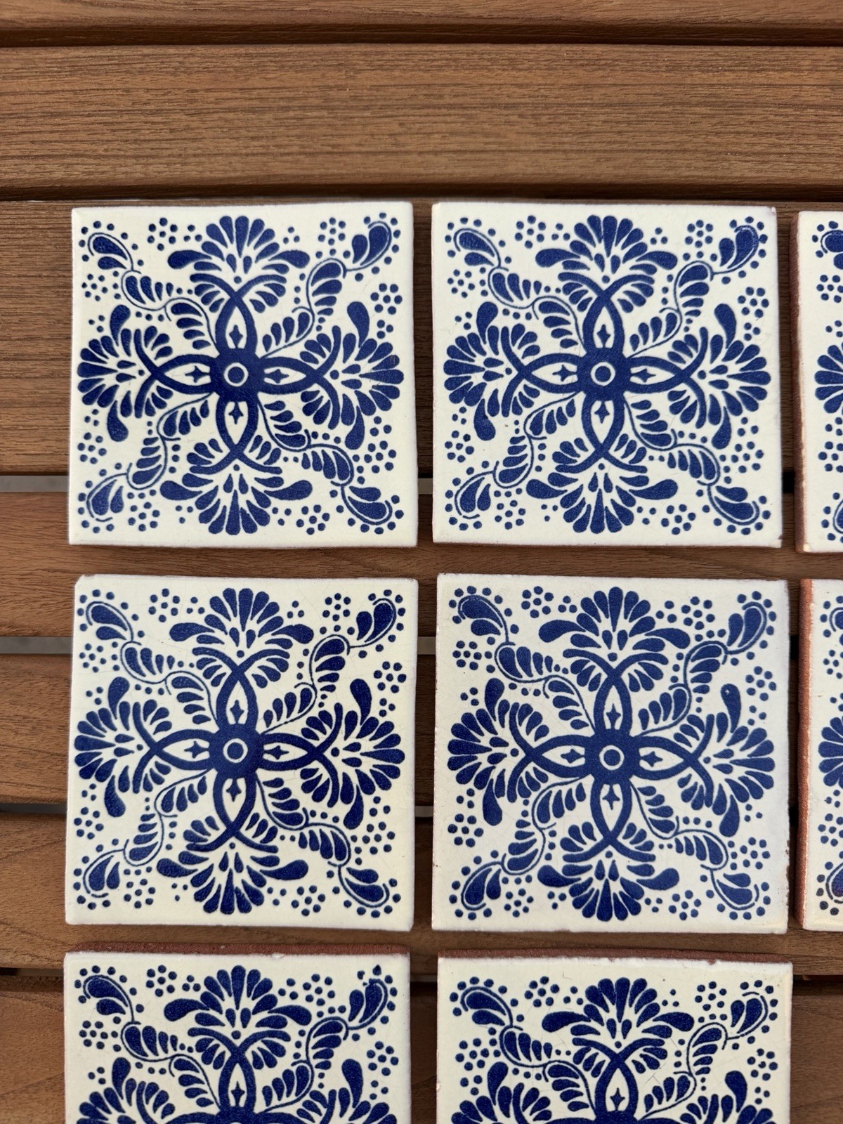 MEXICAN TALAVERA TILES 4×4 TERRACOTTA & WHITE BLUE FOLK ART
